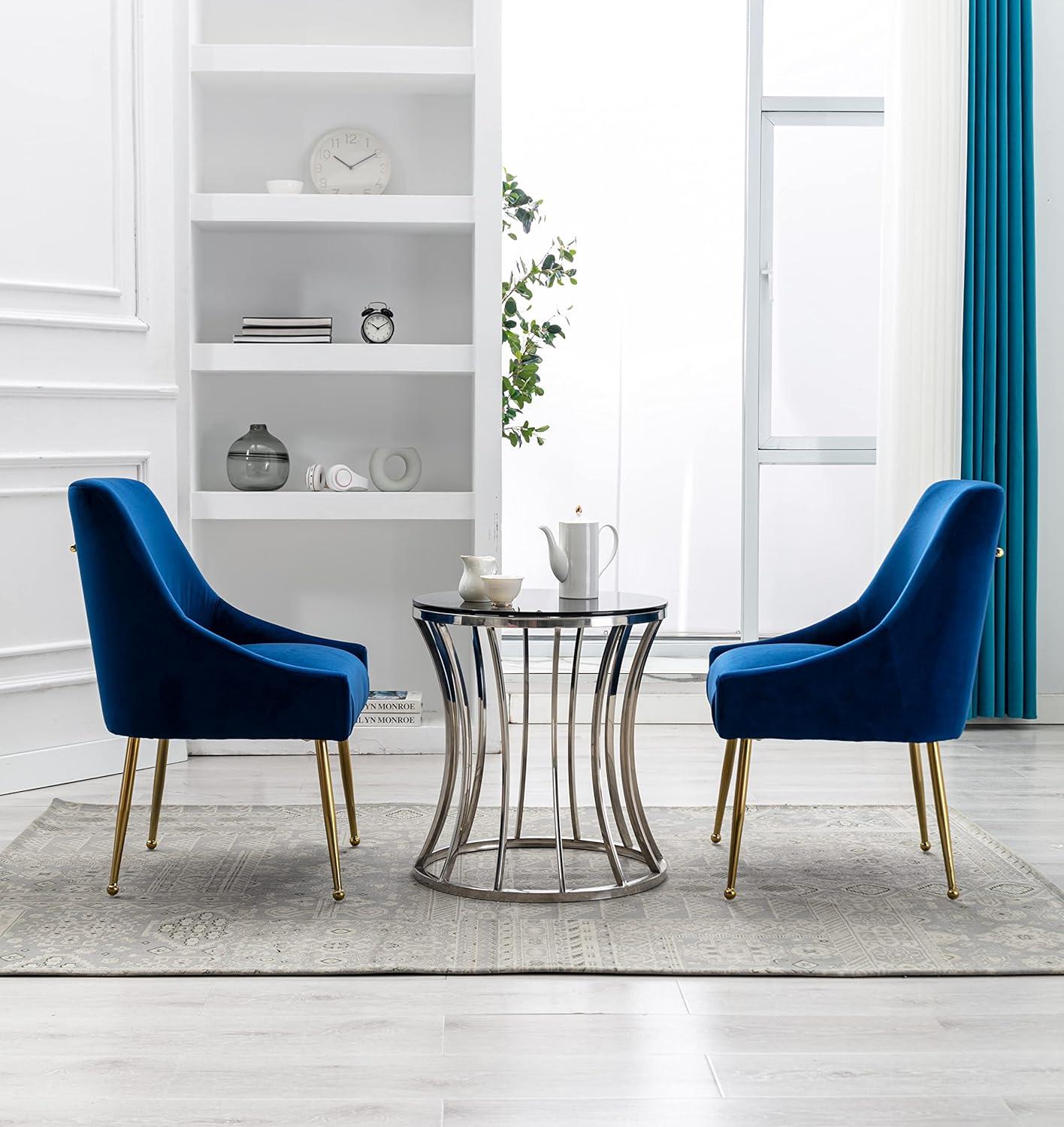 Home Beyond Velvet Upholstered Wing Back Parsons Chair with Golden Plated Legs, Accent Chairs with Contemporary Design for Living Room, Comfortable Armless Padded Chairs, Set of 2, VC-21B, Blue