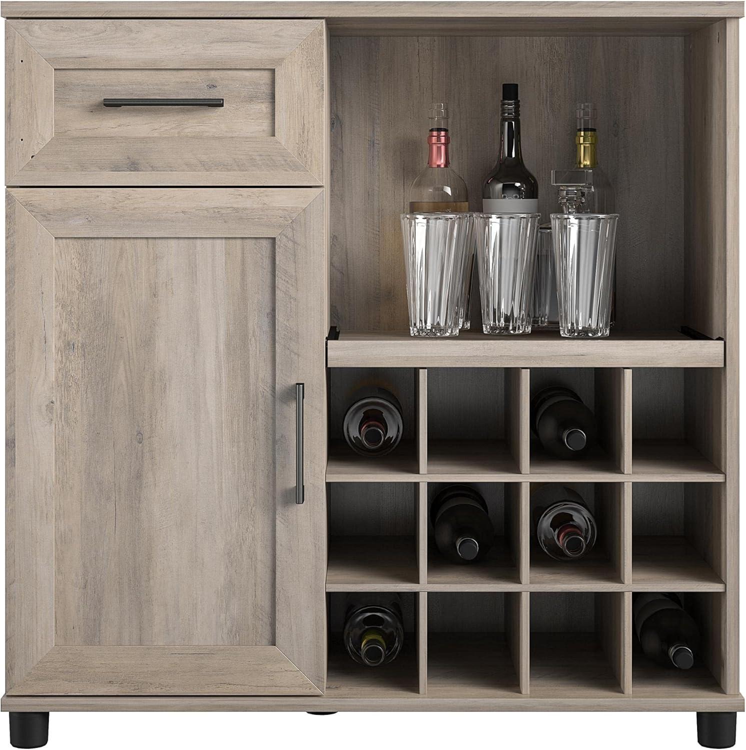 Gray Oak Particle Board Bar Cabinet with Wine Rack and Shelves