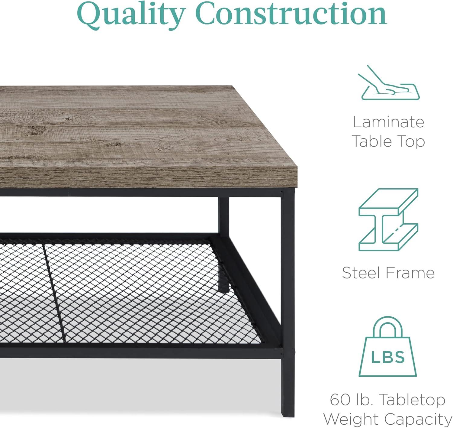 Best Choice Products 44in 2-Tier Modern Industrial Rectangular Wood Coffee Table w/ Mesh Shelf, Metal Frame