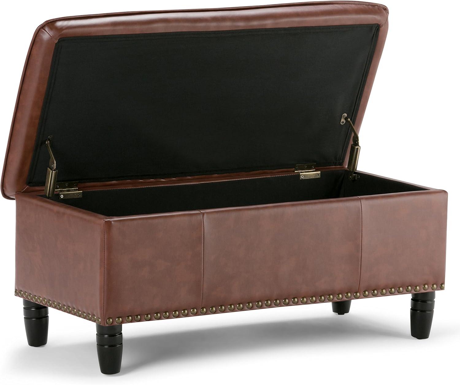 Emily 39 inch Wide Transitional Rectangle Storage Ottoman in Cognac Faux Leather