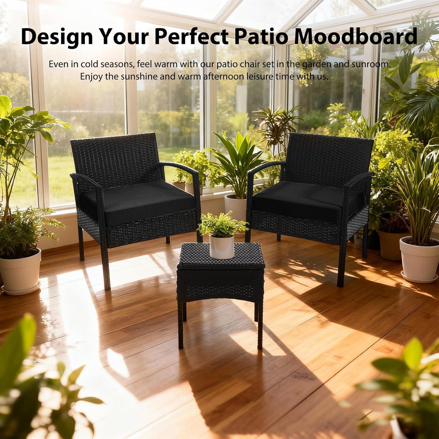 Tappio Outdoor Furniture 3 Piece Patio Bistro Furniture Set, Rattan Conversation Chairs Set with Side Table and Cushions, Patio Furniture Sets for Balcony Garden Porch, Black