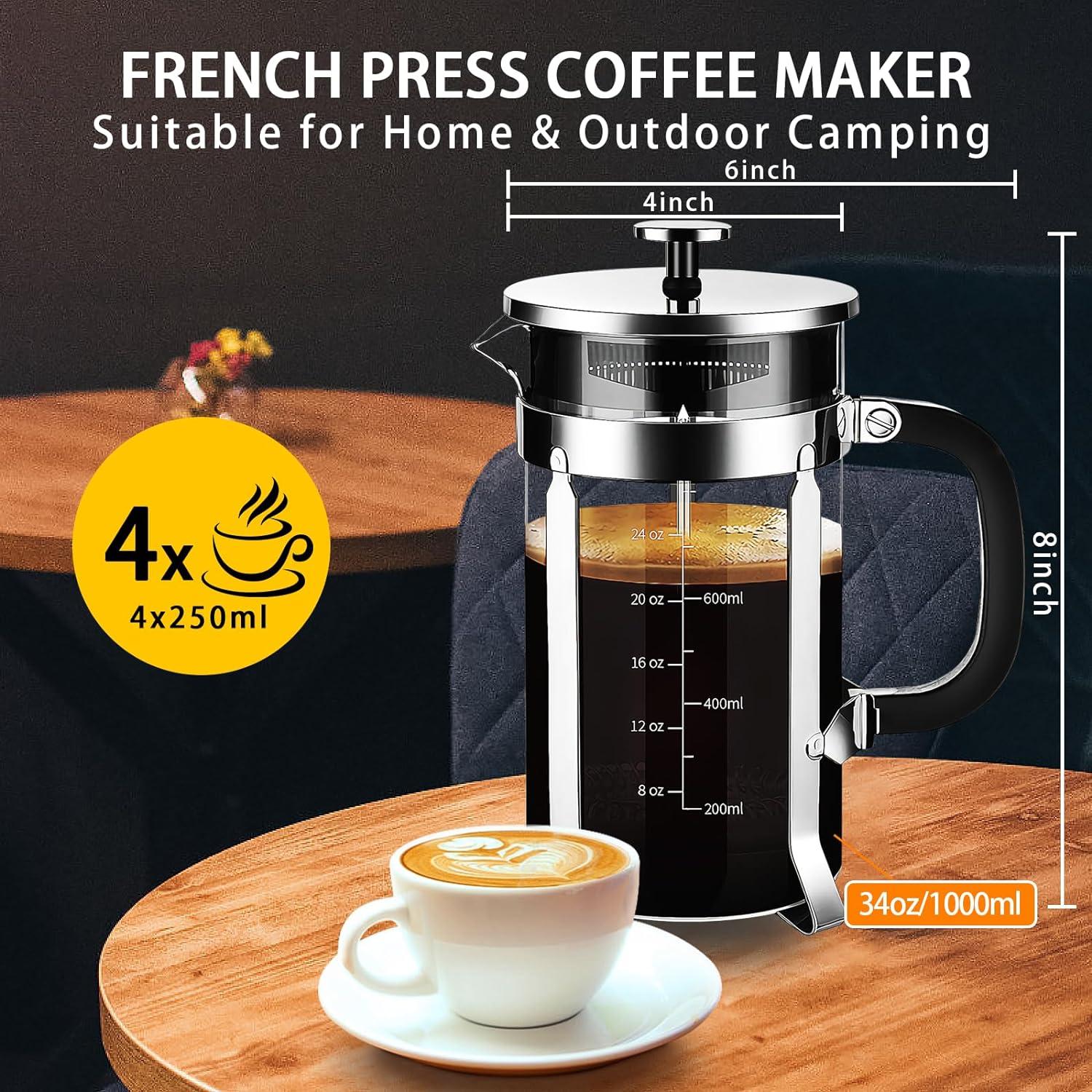 HadinEEon French Press Coffee Maker, 34oz Stainless Steel French Press with 4 Filter, Stainless Steel