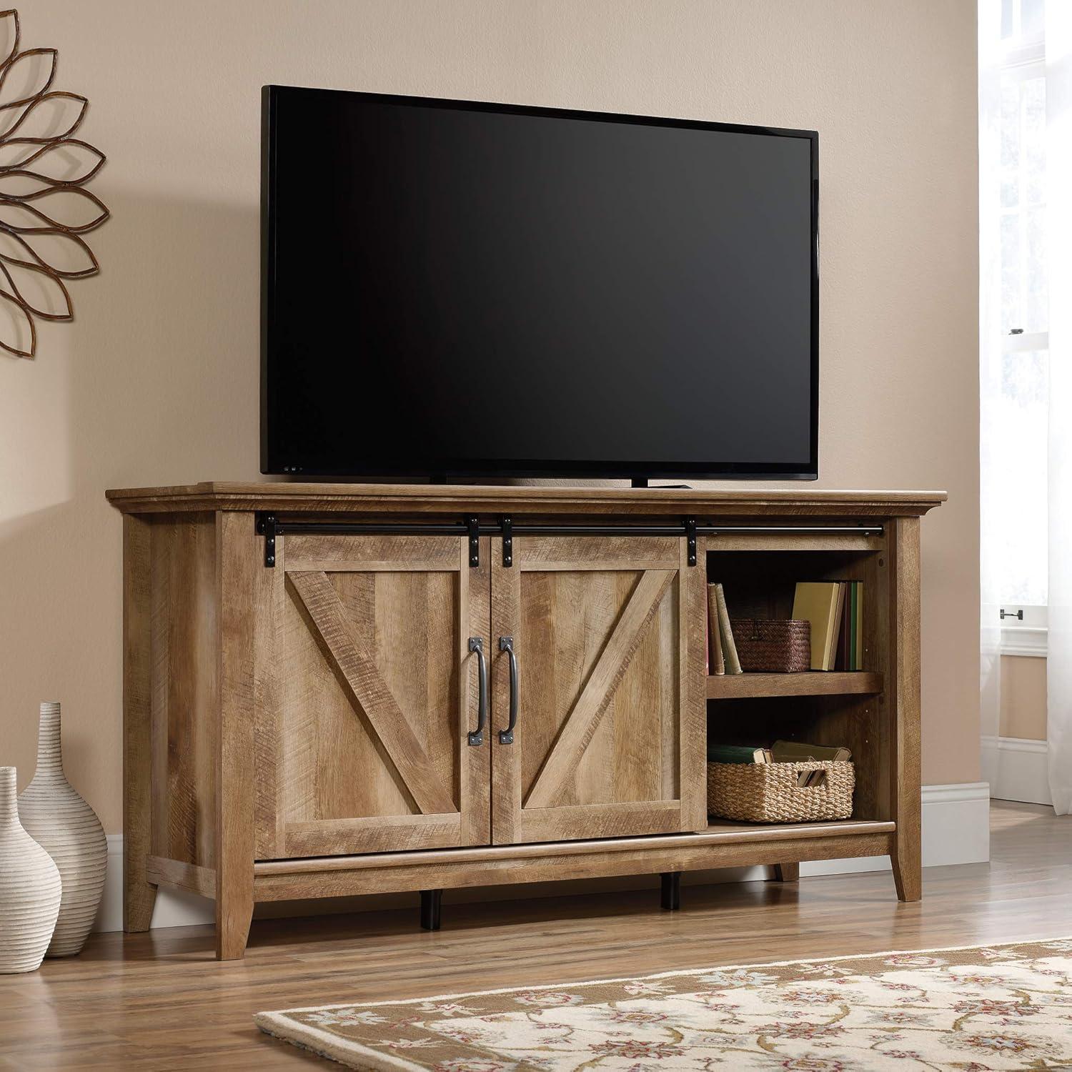 Dakota Pass TV Stand for TVs up to 70" Dark Brown - Sauder: Craftsman Oak Finish, Sliding Doors, Adjustable Storage