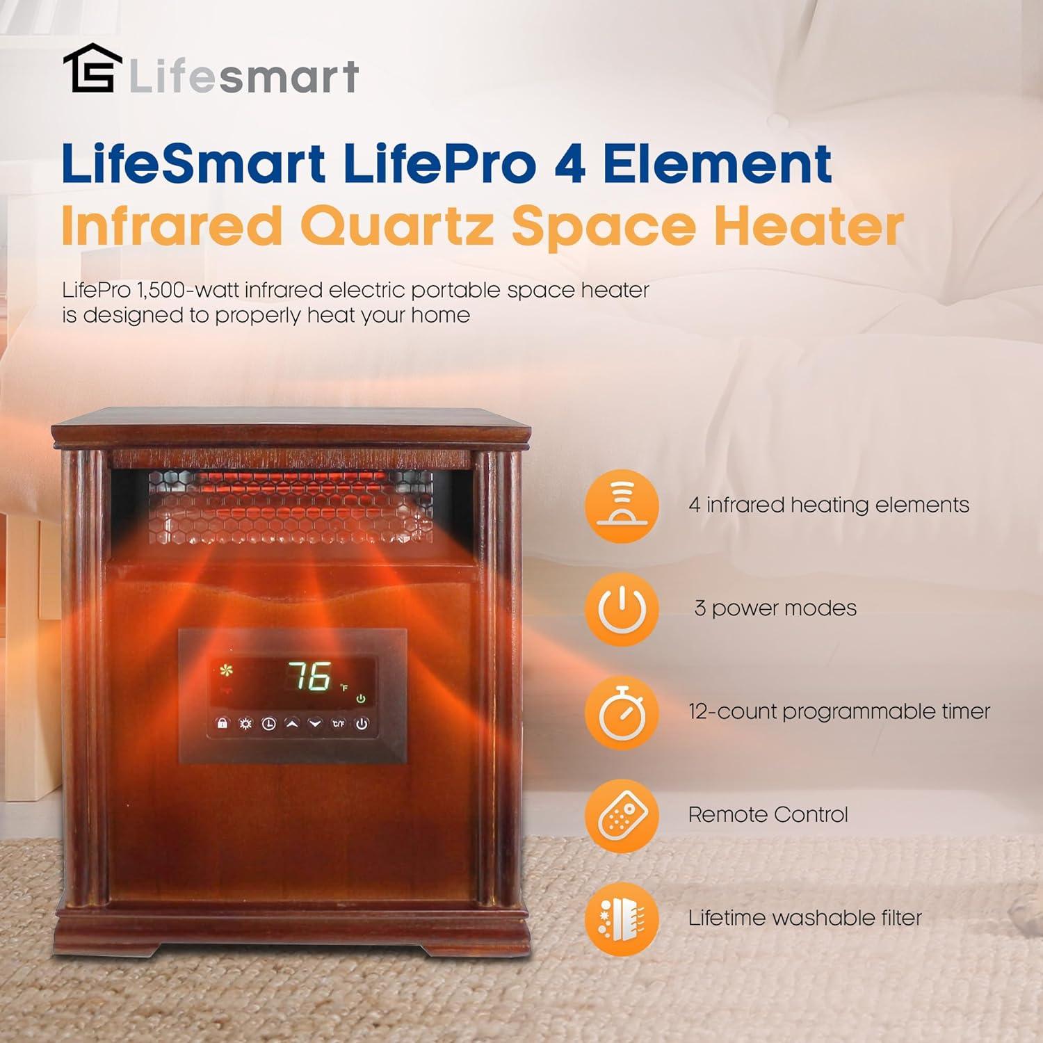 LifeSmart LifePro 4 Element 1500W Electric Infrared Quartz Indoor Space Heater