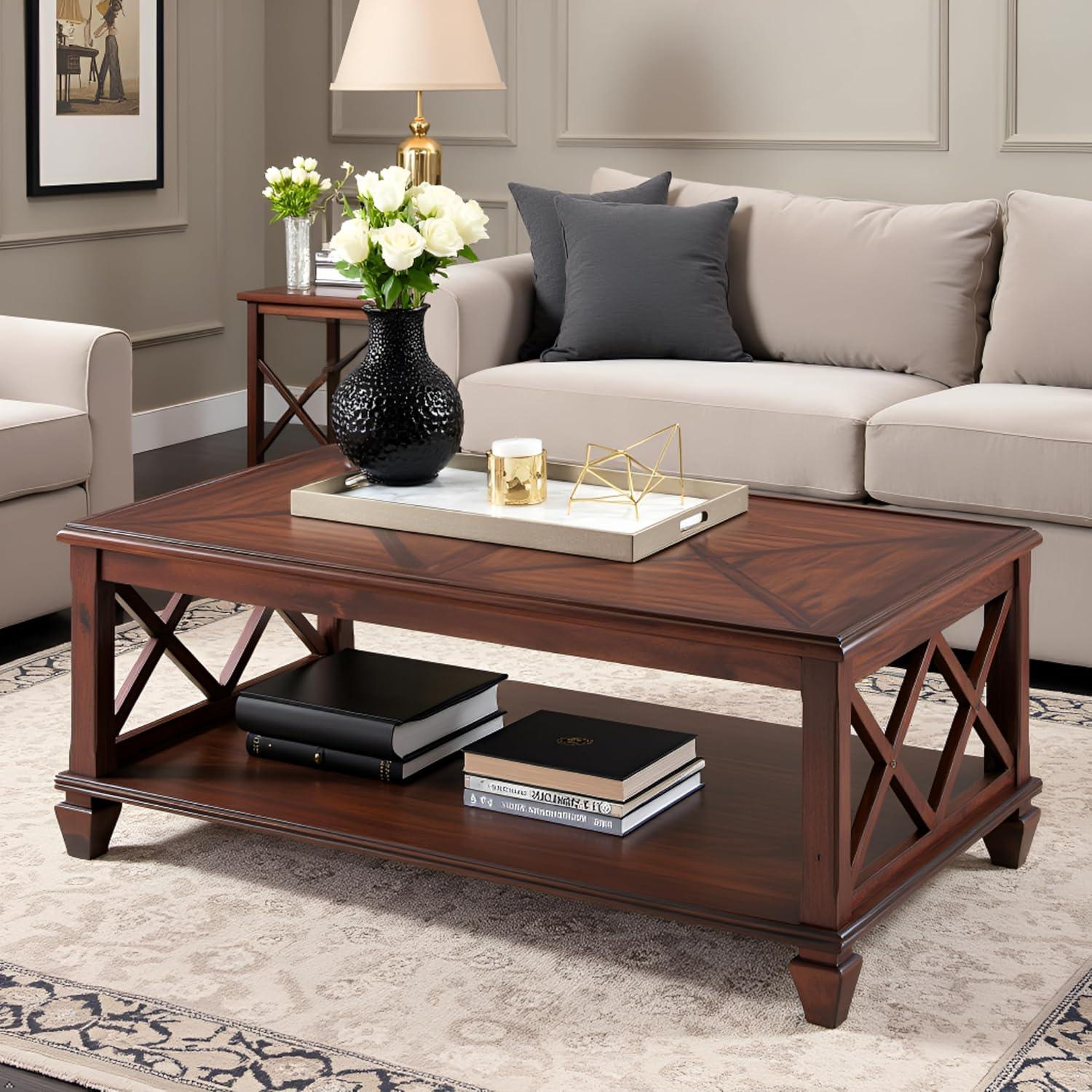 45" Bridgton Wood Coffee Table Cherry - Alaterre Furniture: Mid-Century Modern, Lower Shelf