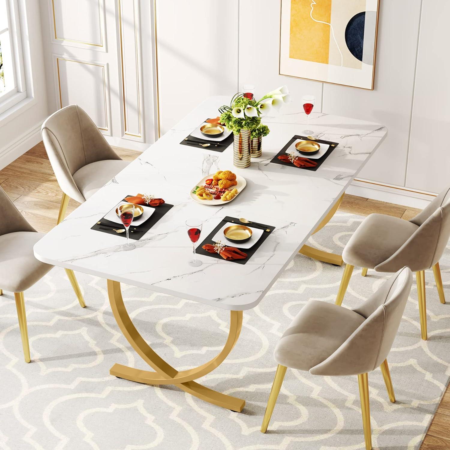 Tribesigns Rectangular Dining Table for 4 to 6, 63-Inch White and Gold Modern Kitchen Table with Faux Marble Table Top and Metal Legs for Dining Room, Kitchen or Living Room