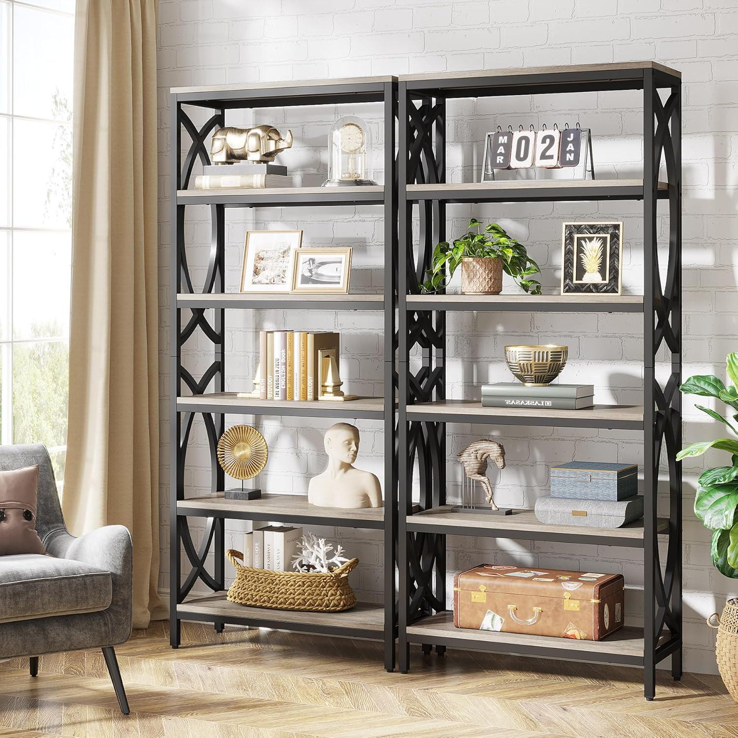 Gray Wood and Metal 6-Tier Bookshelf Set of 2