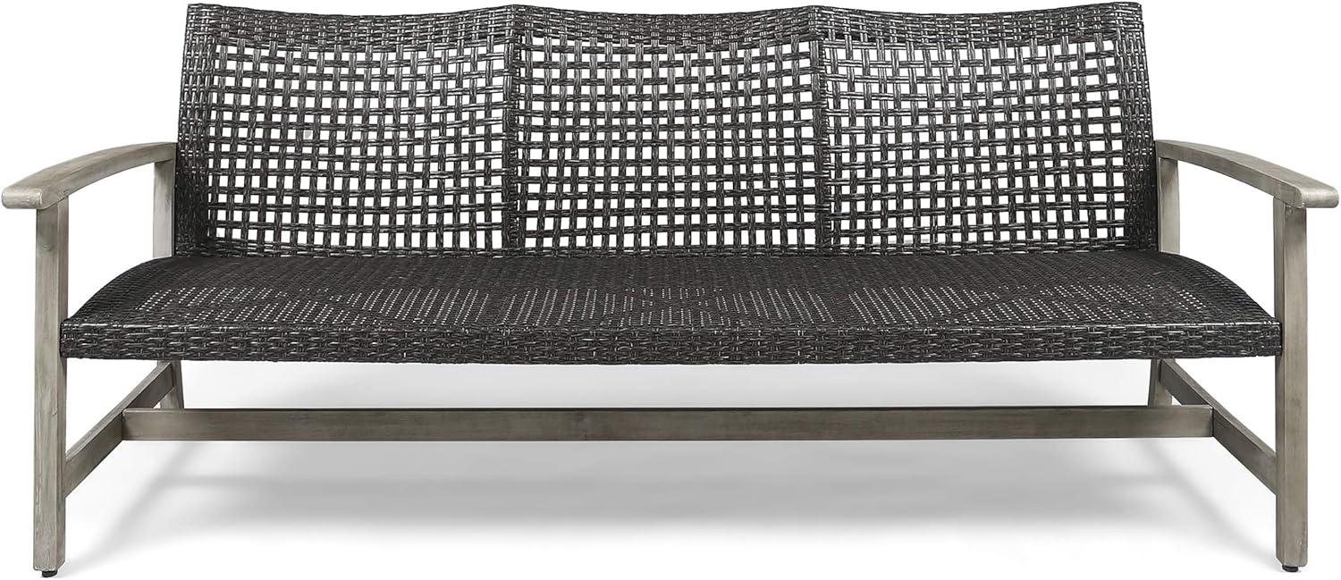 Marcia Light Gray Wood and Black Wicker Three-Seat Outdoor Sofa