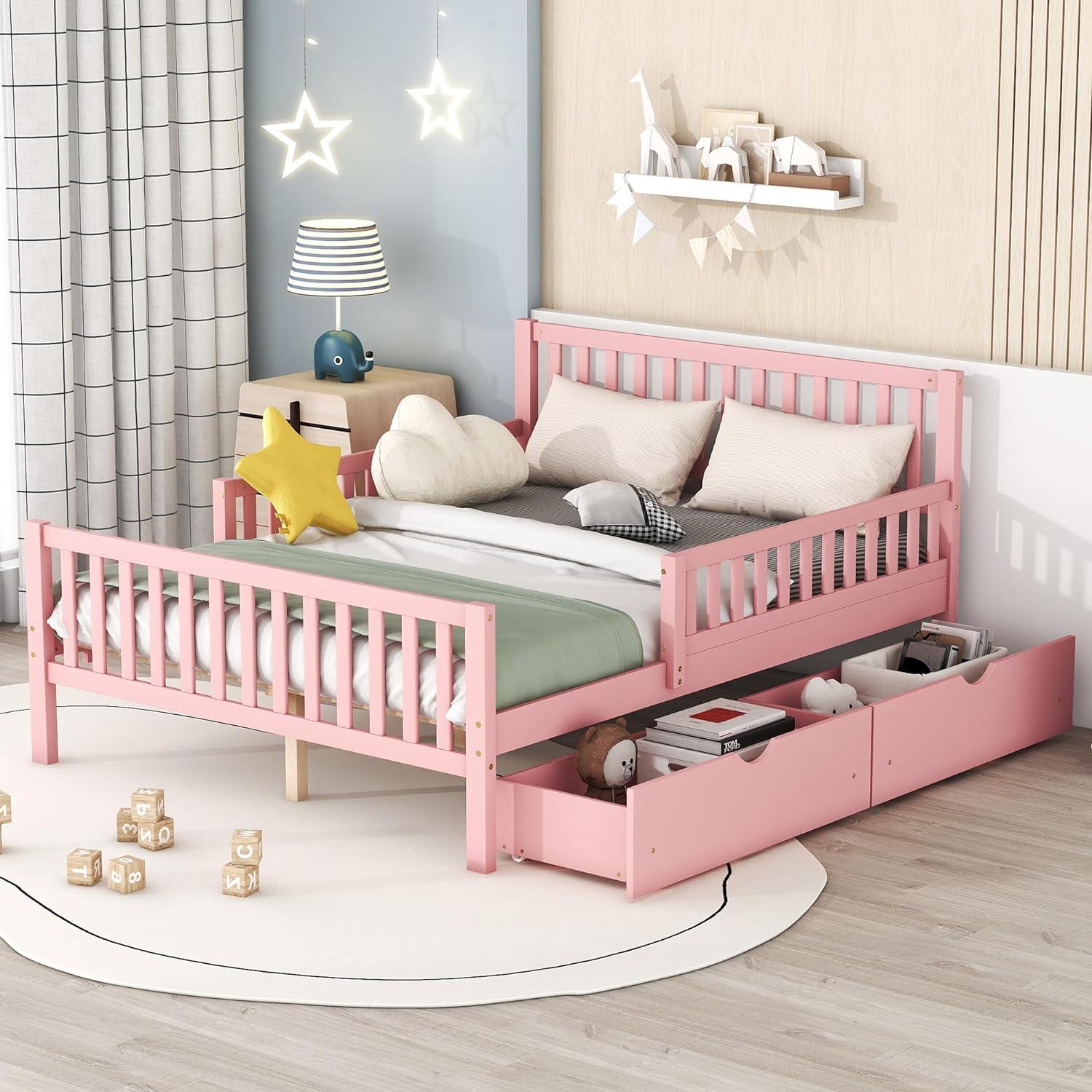 Harper & Bright Designs Full Storage Bed Frame for Kids, Wood Full Size Bed with 2 Drawers, Full Platform Bed with Guardrails on Both Sides for Kids, Girls, Boys, Pink