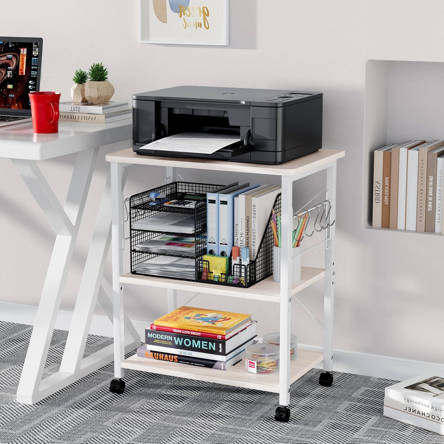 Mr IRONSTONE 3-Tier Kitchen Bakers Rack Utility Microwave Oven Stand Storage Cart Workstation Shelf(Light Beige Top+White Metal Frame)