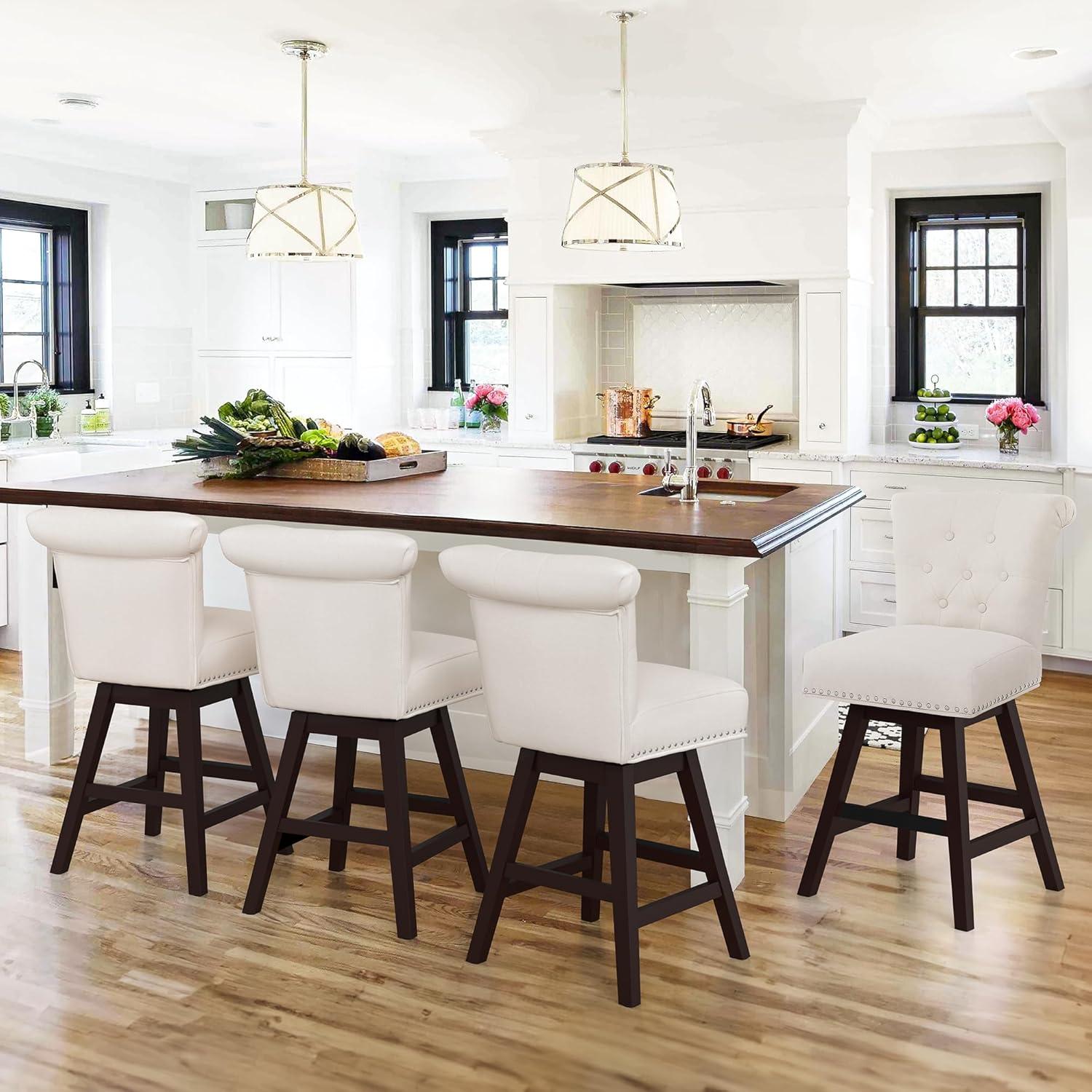 Beige Linen Swivel Counter Height Bar Stools with Wood Legs