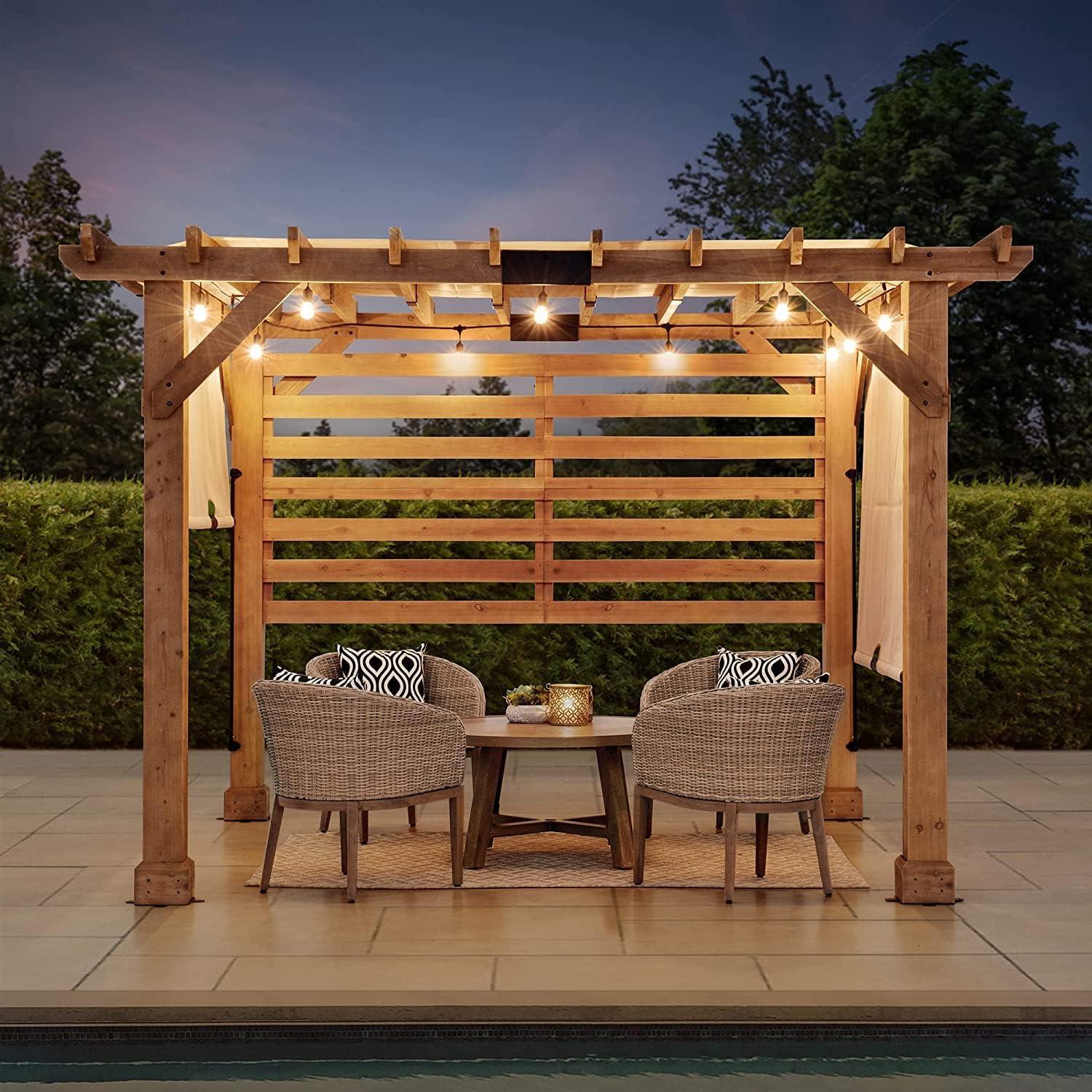 Sunjoy Cedar Pergola 10 x 11 ft. Wooden Hot Tub Pergola with Adjustable Canopy and Privacy Screen