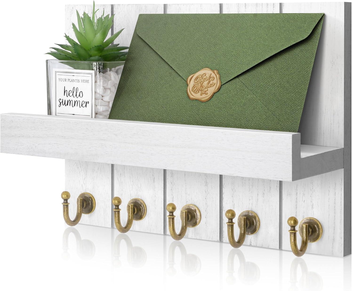 Rebee Vision Key Holder Wall Mount - Decorative Key and Mail Organizer for Wall with Shelf - Entryway and Living Room Decor(White)