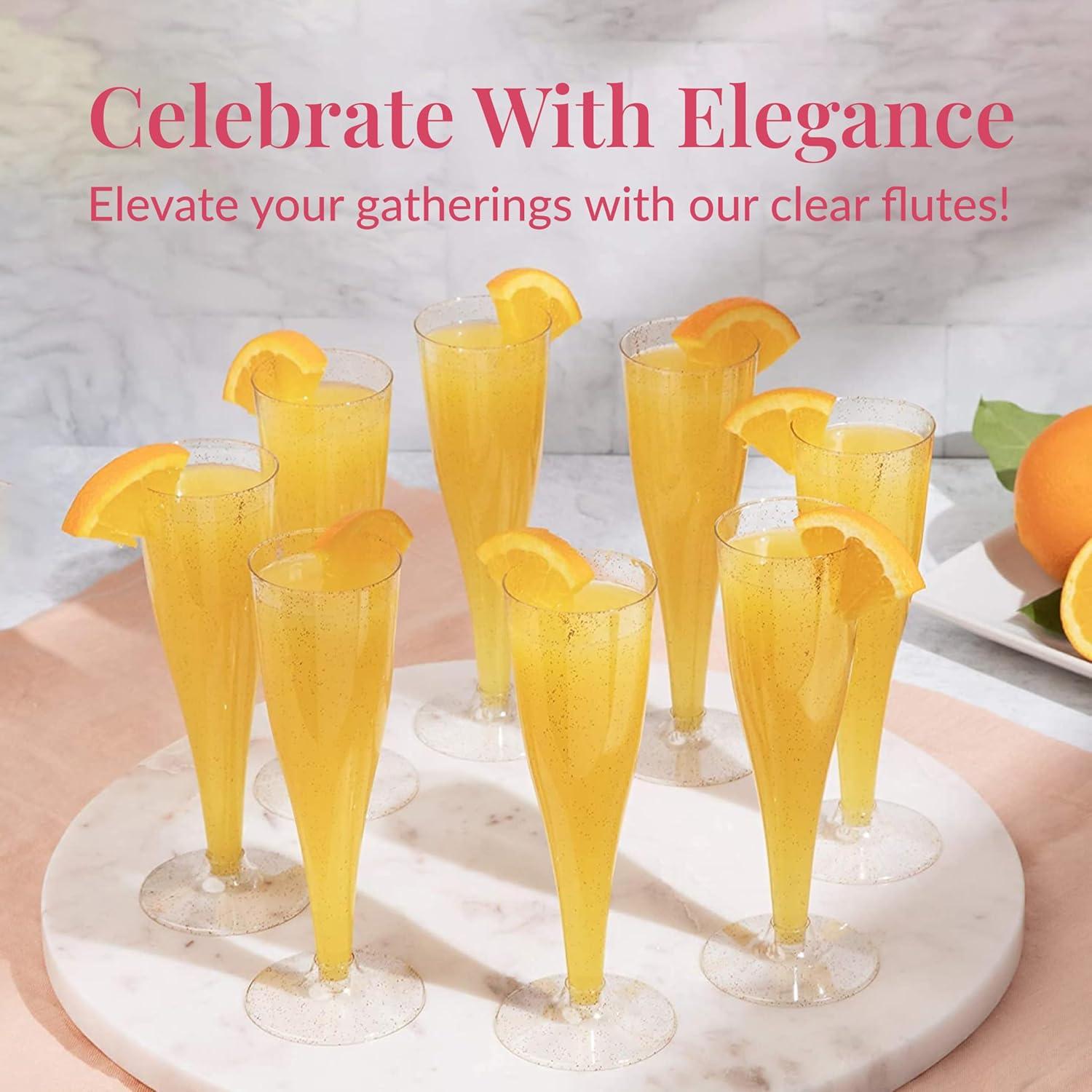 Prestee 24 Champagne Flutes Disposable, Gold Rim Glitter Plastic Cups