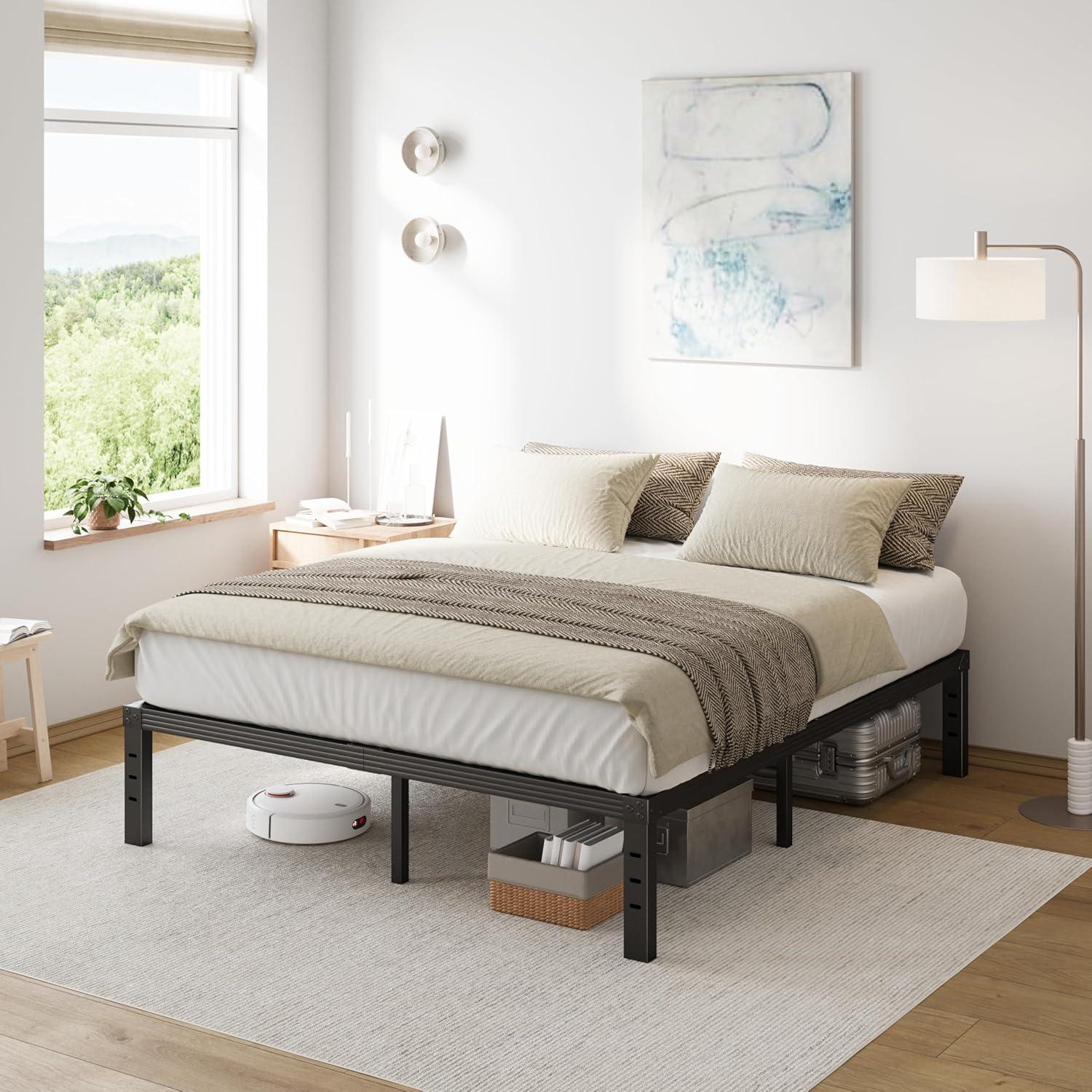 Full Size Black Steel Platform Bed Frame with Storage