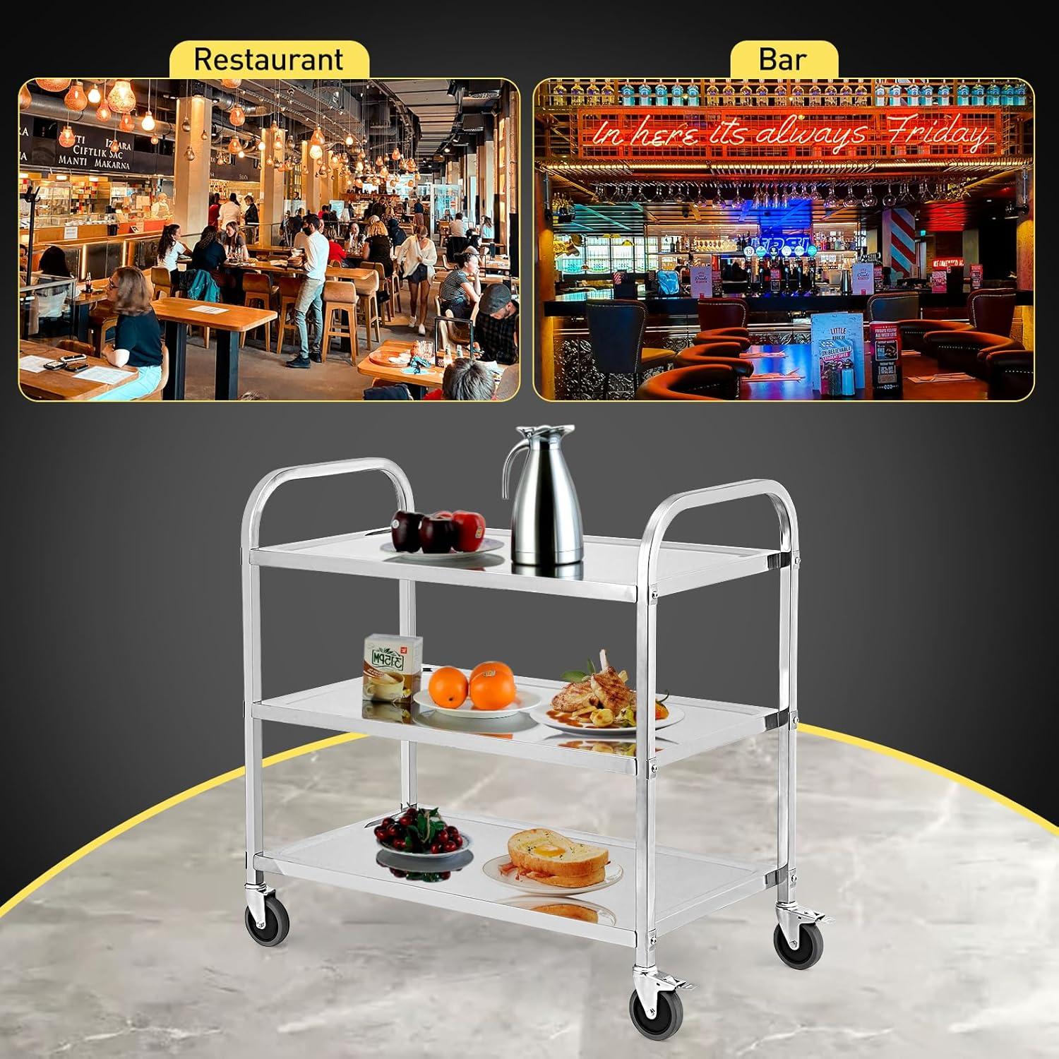 Danolapsi Kitchen Utility Cart,3 Tiers Stainless Steel Rolling Cart, Heavy Duty Trolley Service Cart with Handle and Locking Wheels,for Kitchen, Restaurant,Hospital,Laboratory and Home