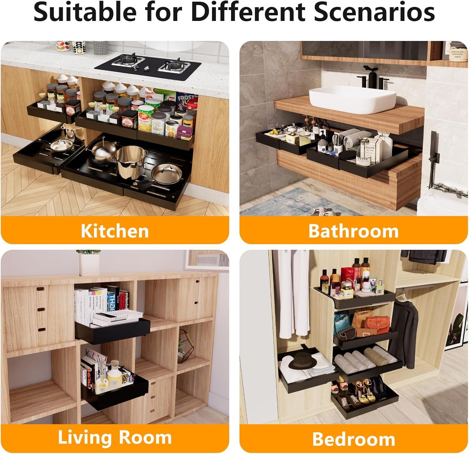 Pull Out Cabinet Organizer 2 pack,Expandable (12.6"-20.4") Pull Out Drawers for Cabinets, Slide Out Cabinet Organizers with Adhesive Nano Film for Kitchen Cabinet Organization
