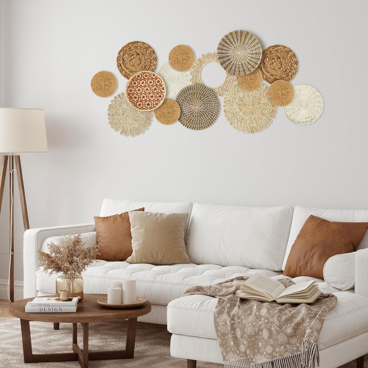 Bungalow Rose Siena 15 Pcs Boho Siena Hanging Woven Sienaative Rustic Handcrafted Seagrass Baskets Round Woven Hanging Art For Home Farmhouse Kitchen Table Living Room