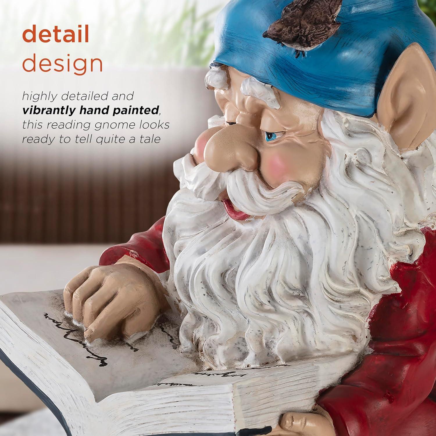 Alpine Corporation 14" Tall Outdoor Garden Gnome Reading a Book Yard Statue Decoration