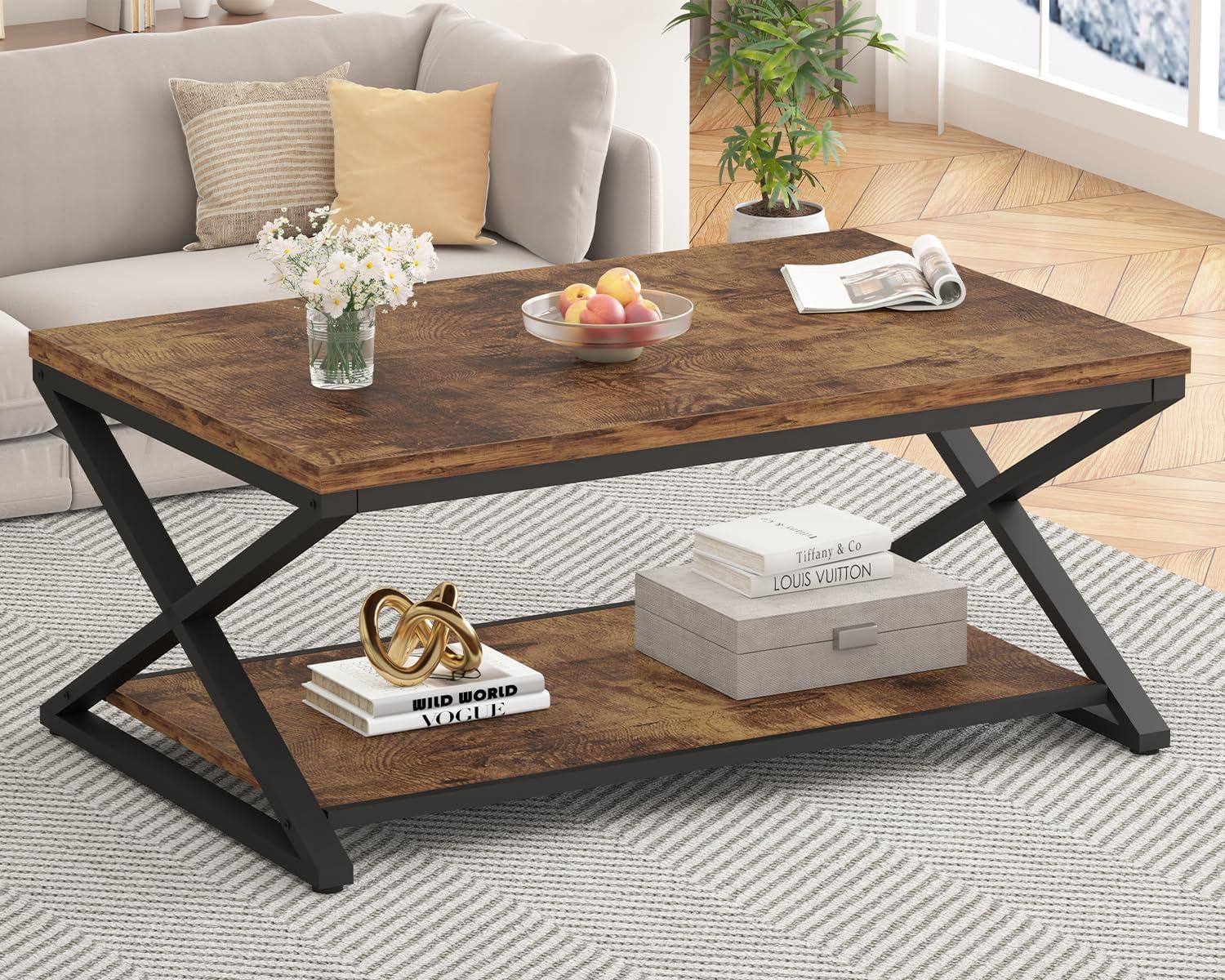 Rustic Brown Metal Frame Rectangular Coffee Table with Storage