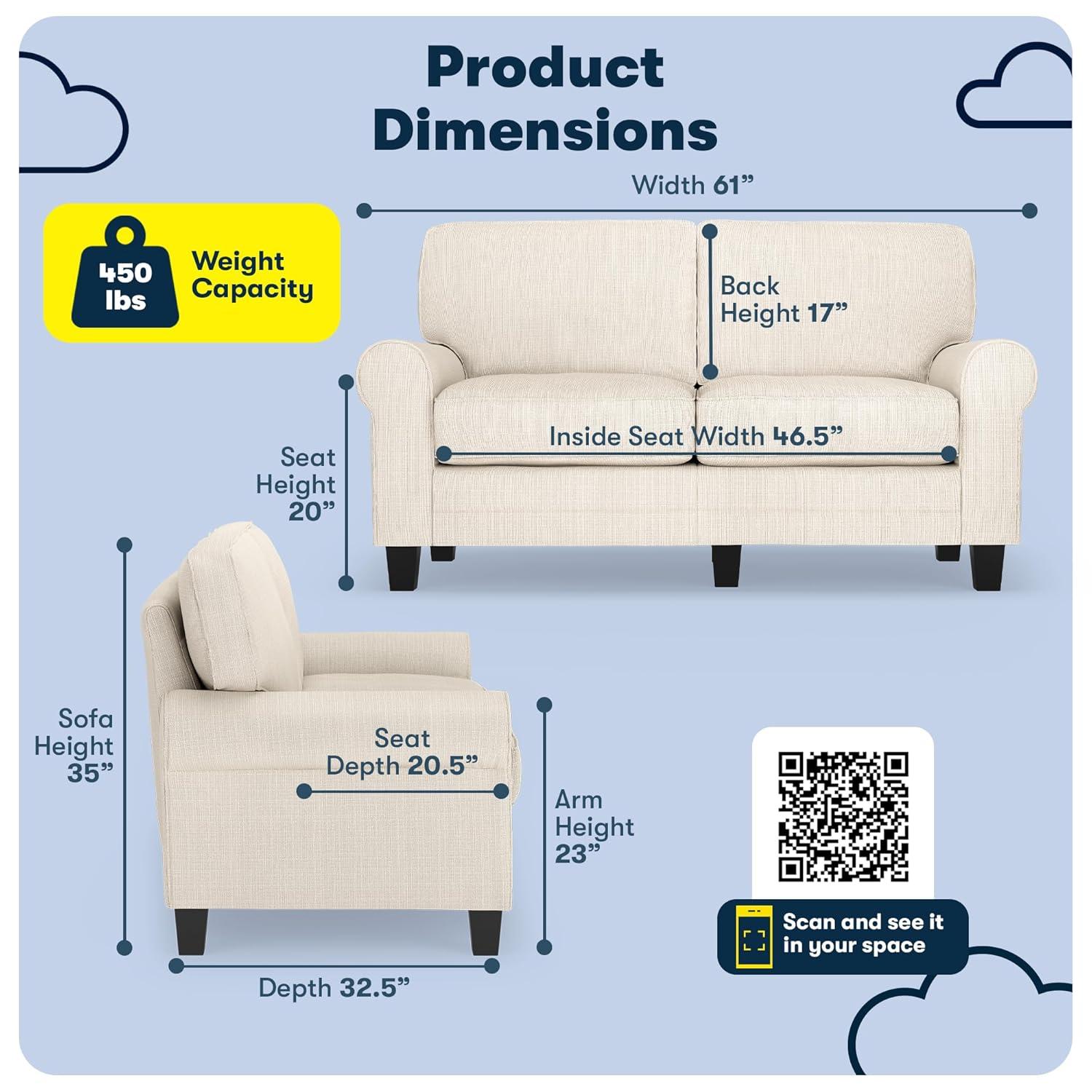 Serta Copenhagen 61" Rolled Arm Sofa, Easy Care Fabric, Soft Pillow Back, Pocket Coil Seat Cushions