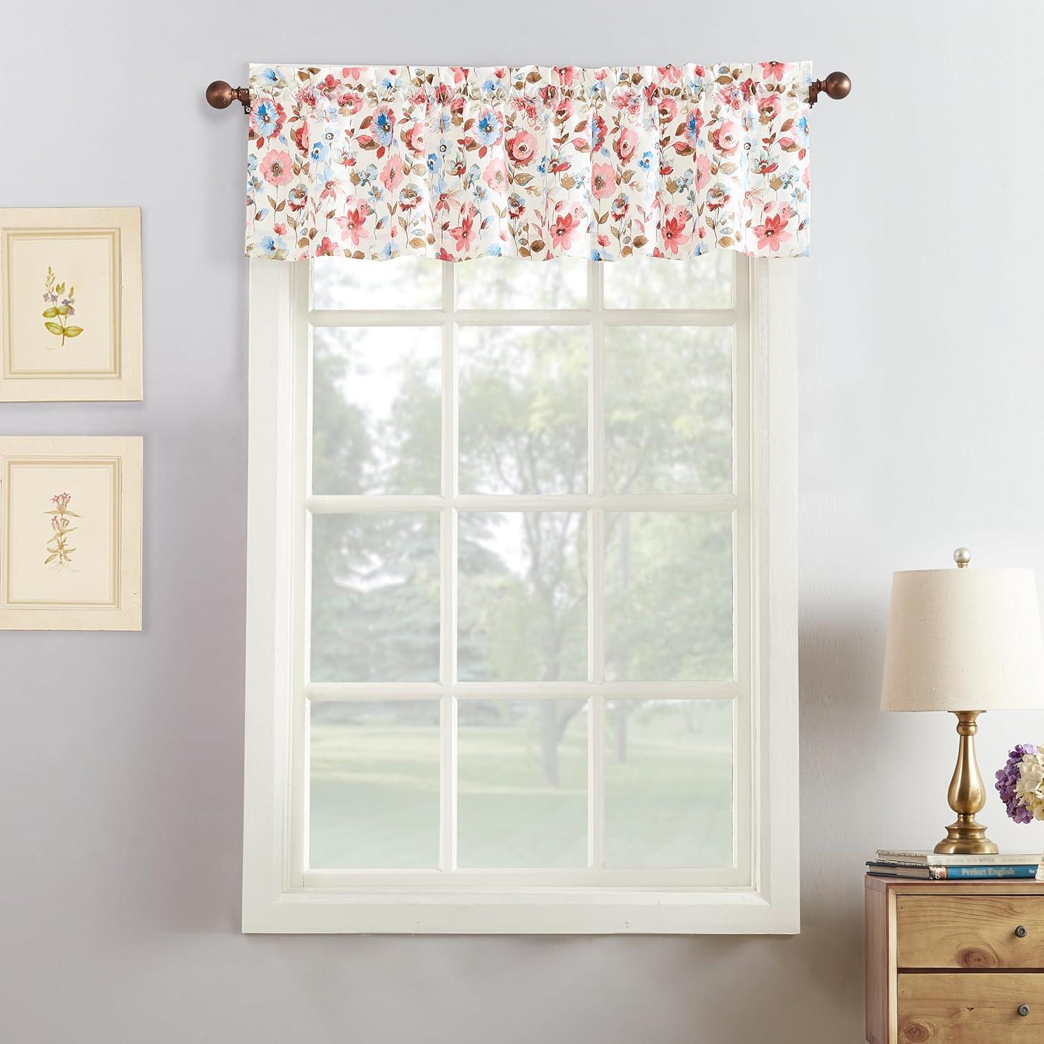 54"x36" No. 918 Sheer Dora Floral Rod Pocket Kitchen Curtain Panel Set Coral: Light Filtering, Polyester, Indoor Use