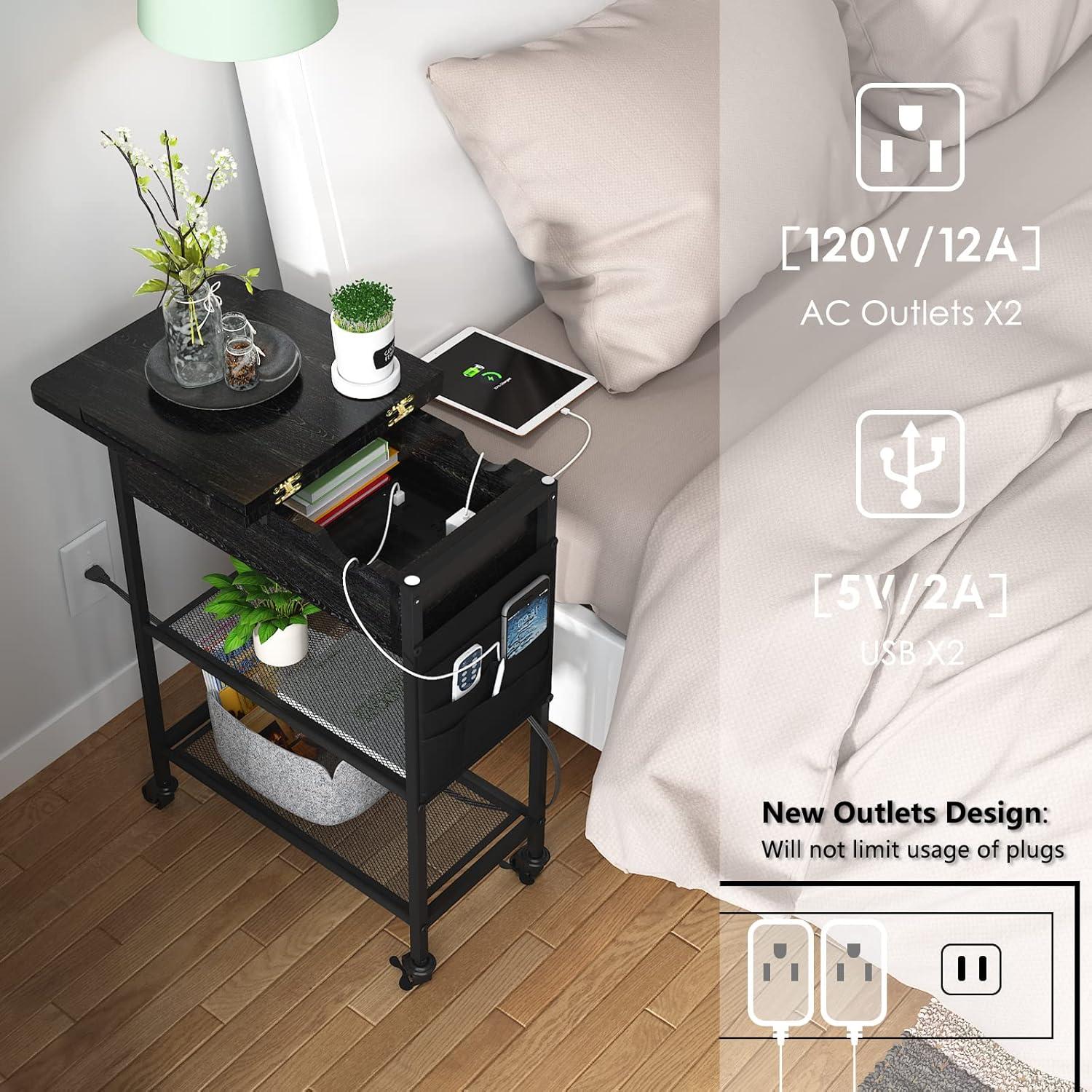 Slim Side Table Rolling End Table  with Charging Station and Wheels, with 2 USB Ports and 2 Outlets and Power Switch, Flip Top Nightstand with Storage Shelves for Small Space Black