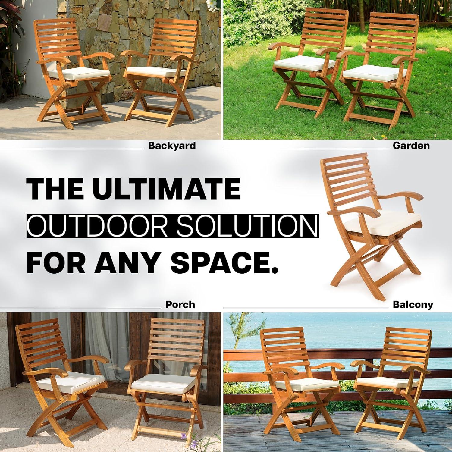 ZILNOX Patio Chairs Set of 2, Wood Folding Armchairs with Cushions, 400lbs Capacity, Foldable and Space-Saving Design, Brown