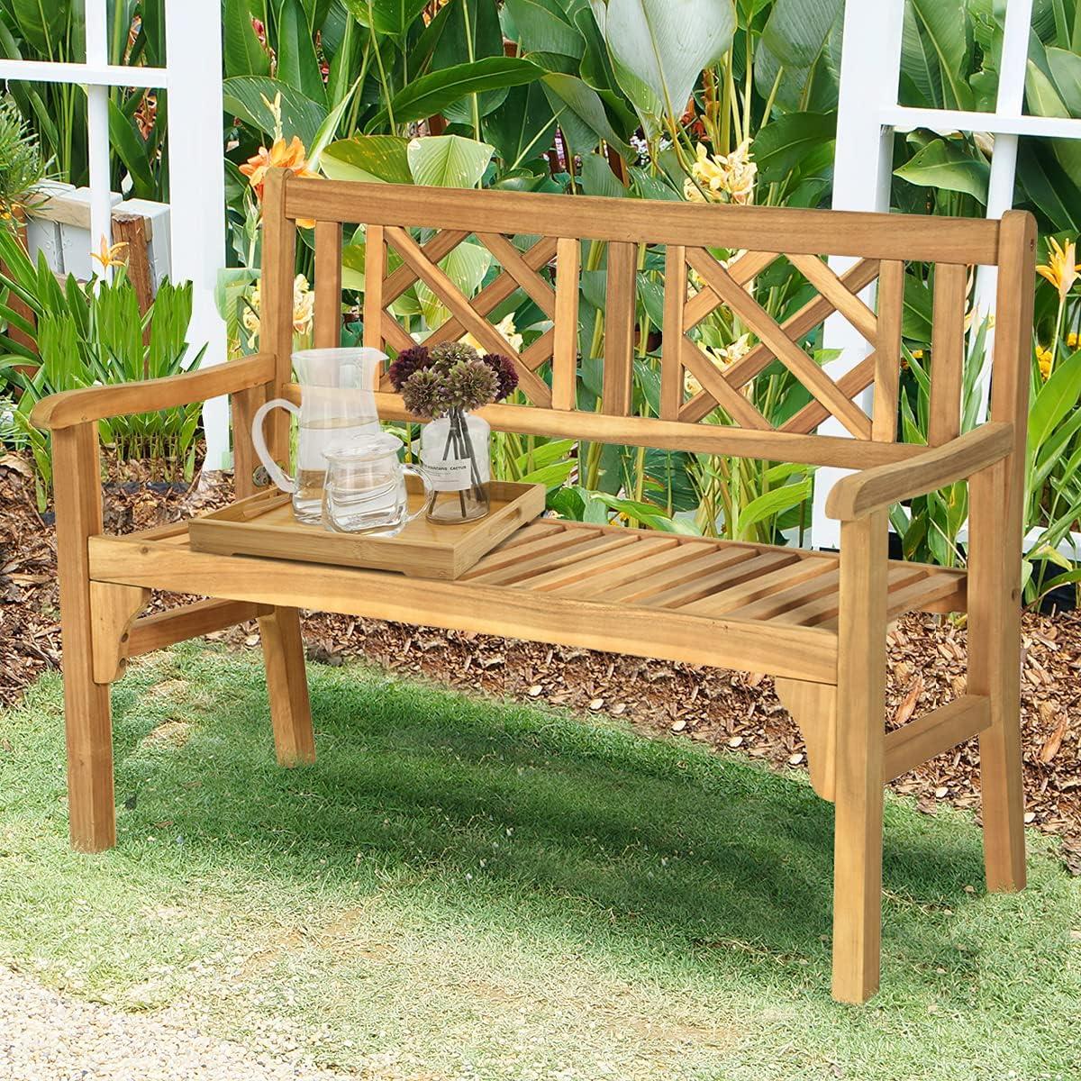 Lorelia Outdoor Bench, Patio Wooden Bench, 4 Ft Foldable Acacia Wood Garden Bench, Outside Loveseat with Curved Backrest and Armrest, 705Lbs Weight Capacity, Park Bench for Outdoors, Porch, Balcony