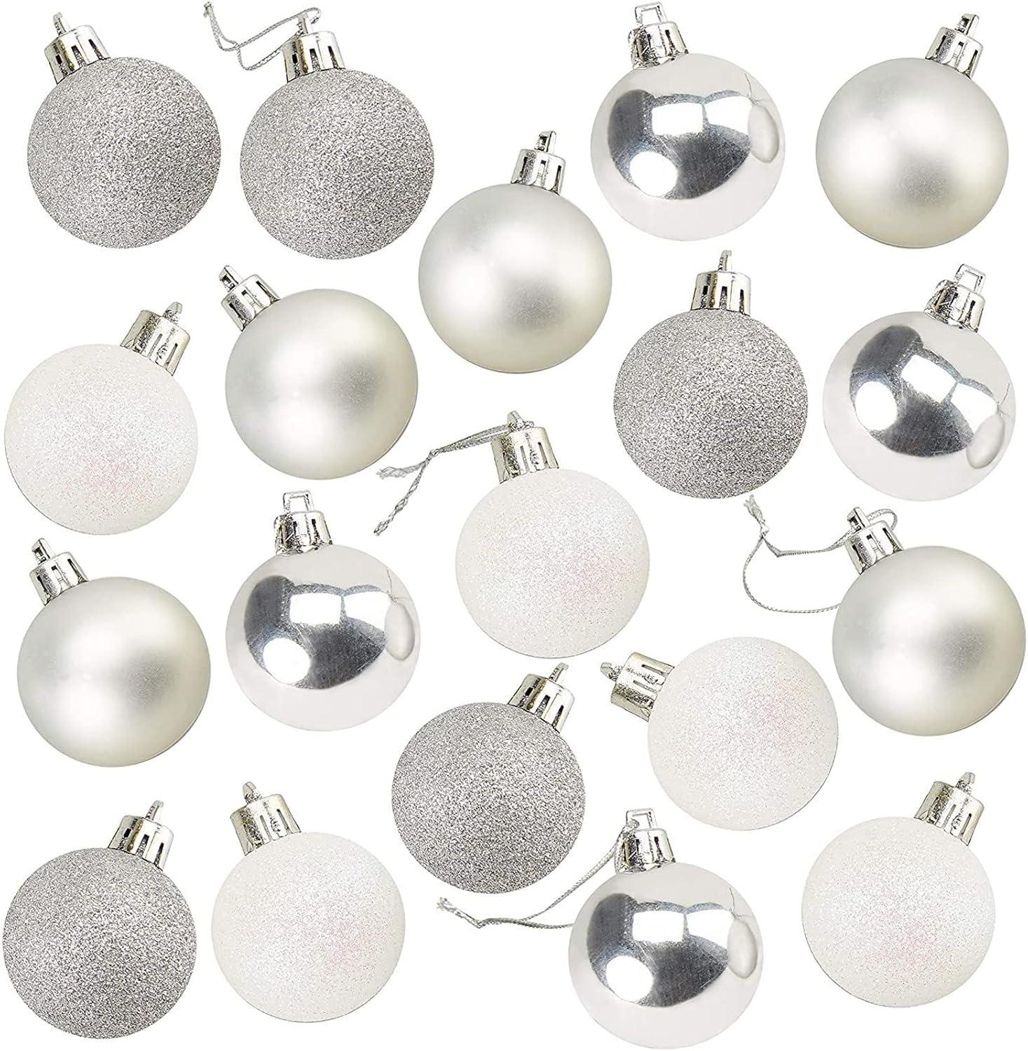 Mini Silver and White Shatterproof Glitter Christmas Ornaments Set