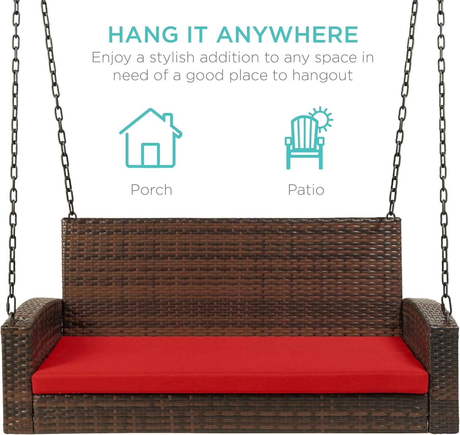 Best Choice Products Woven Wicker Hanging Porch Swing Bench for Patio, Deck w/ Mounting Chains, Seat Cushion - Brown/Red