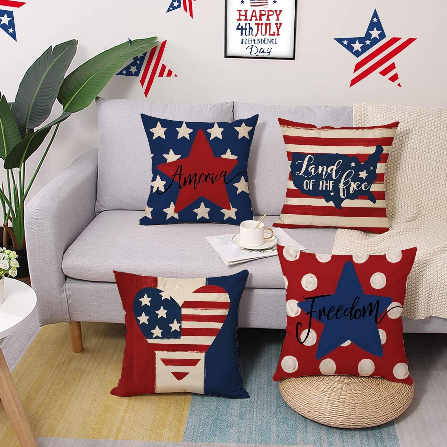 Patriotic USA Flag Cotton Linen Outdoor Pillow Covers Set