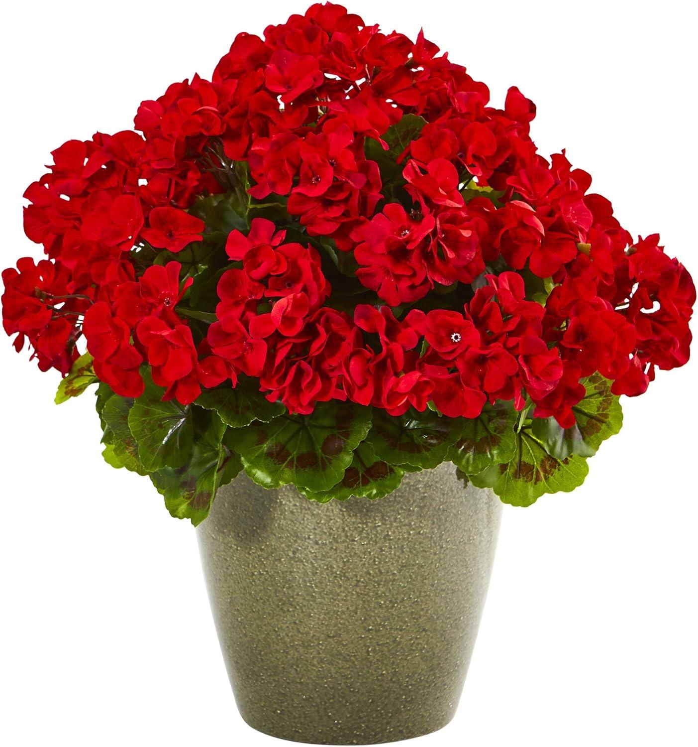 17" Red Geranium Artificial Plant in Gray Planter