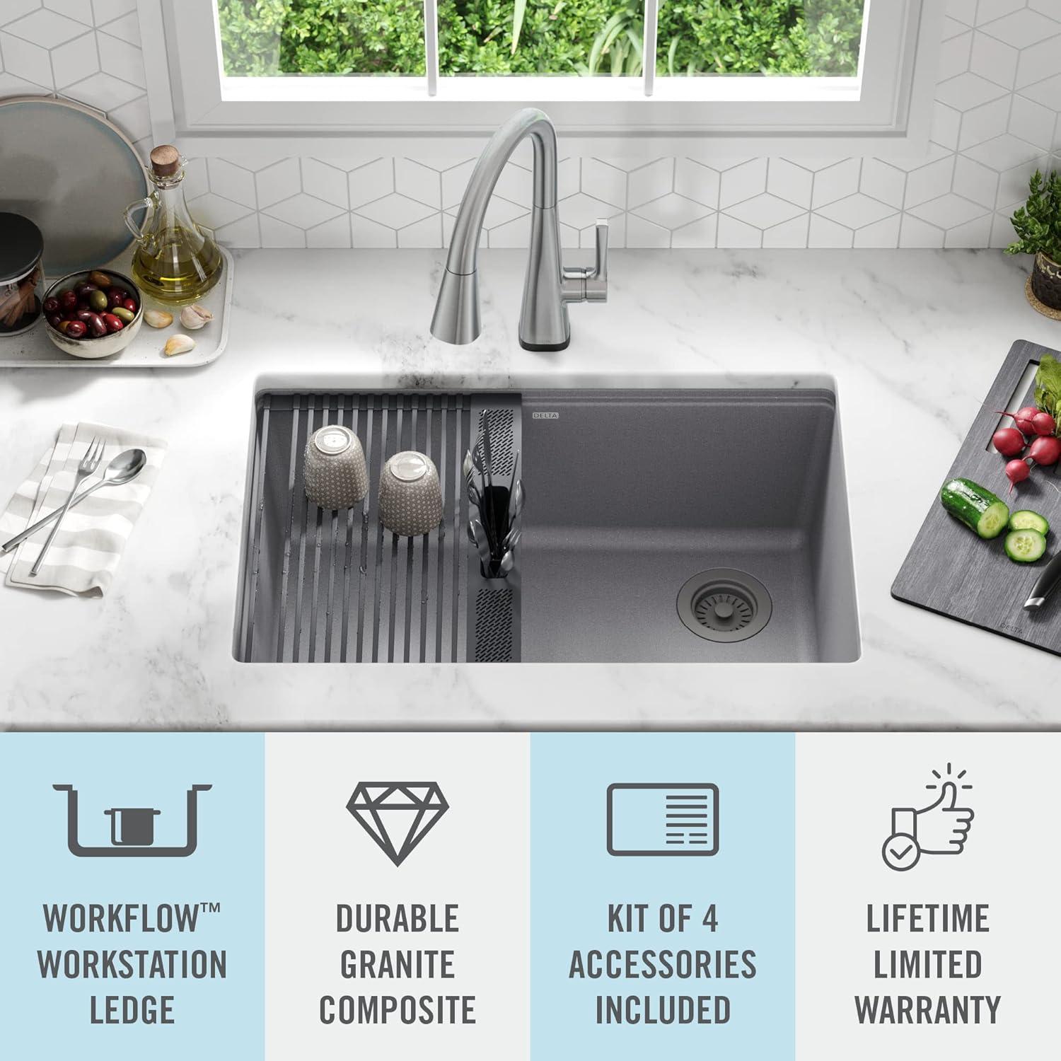 Delta Everest™ 33" L Granite Composite Workstation Kitchen Sink Drop-In Top Mount Single Bowl with WorkFlow™ Ledge