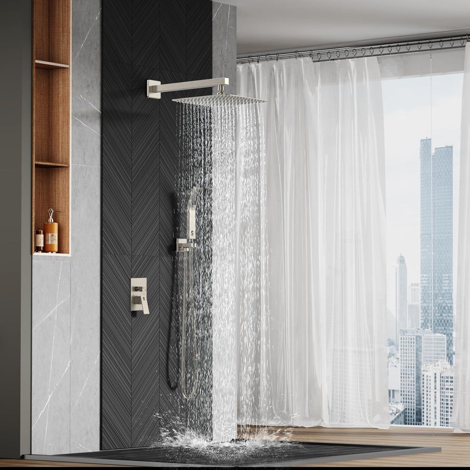 SR SUN RISE 12 Inch Ceiling Mount Brushed Nickel Shower System Bathroom Luxury Rain Mixer Shower Combo Set Ceiling Rainfall Shower Head System Faucet Trim Repair Kits with Rough-in Valve and Trim
