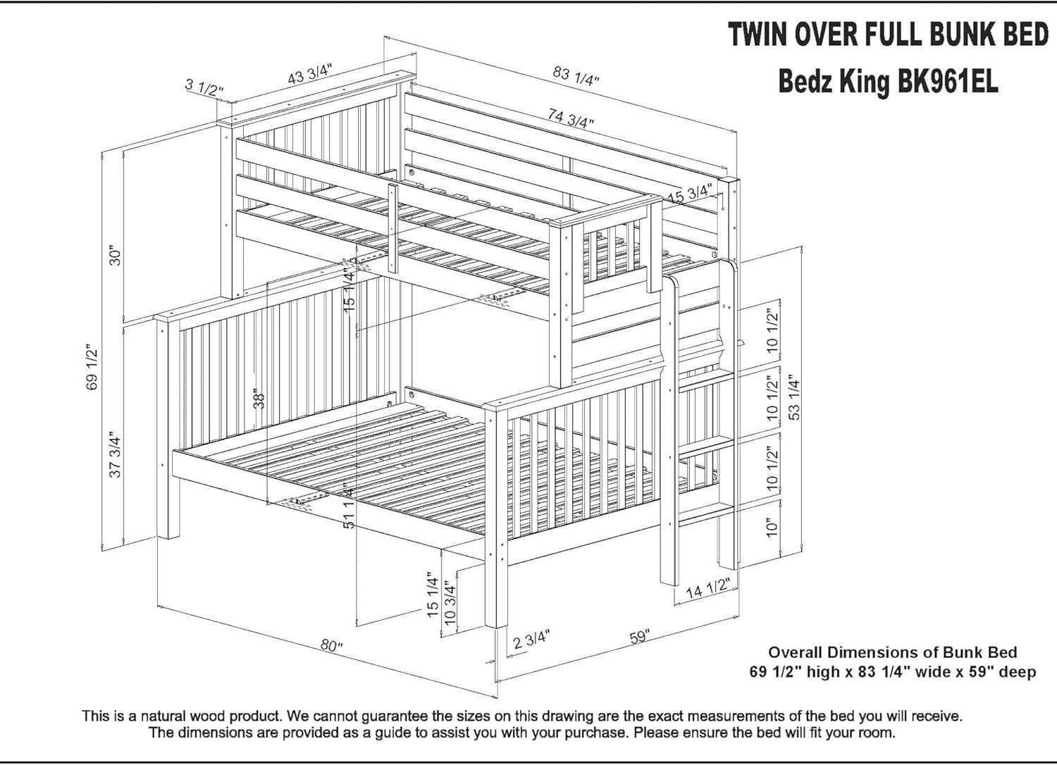 Bedz King Bunk Beds Twin over Full Mission Style with End Ladder and a Full Trundle, Dark Cherry