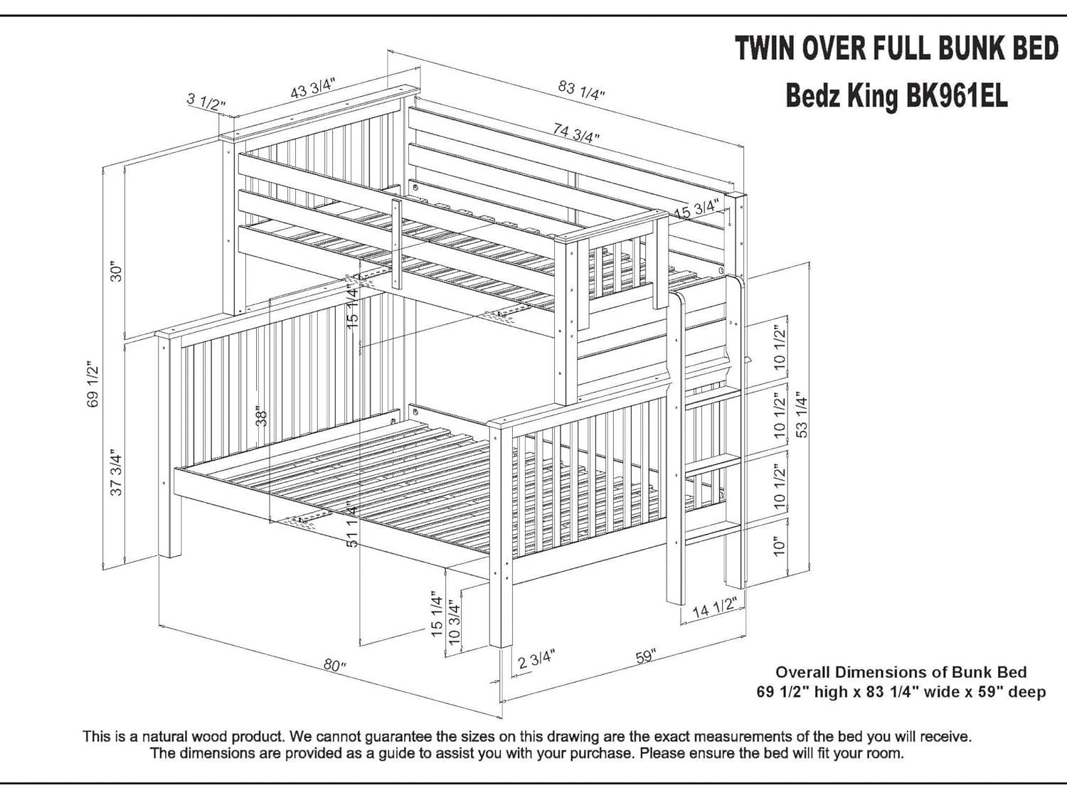 Bedz King Bunk Beds Twin over Full Mission Style with End Ladder and a Twin Trundle, Dark Cherry