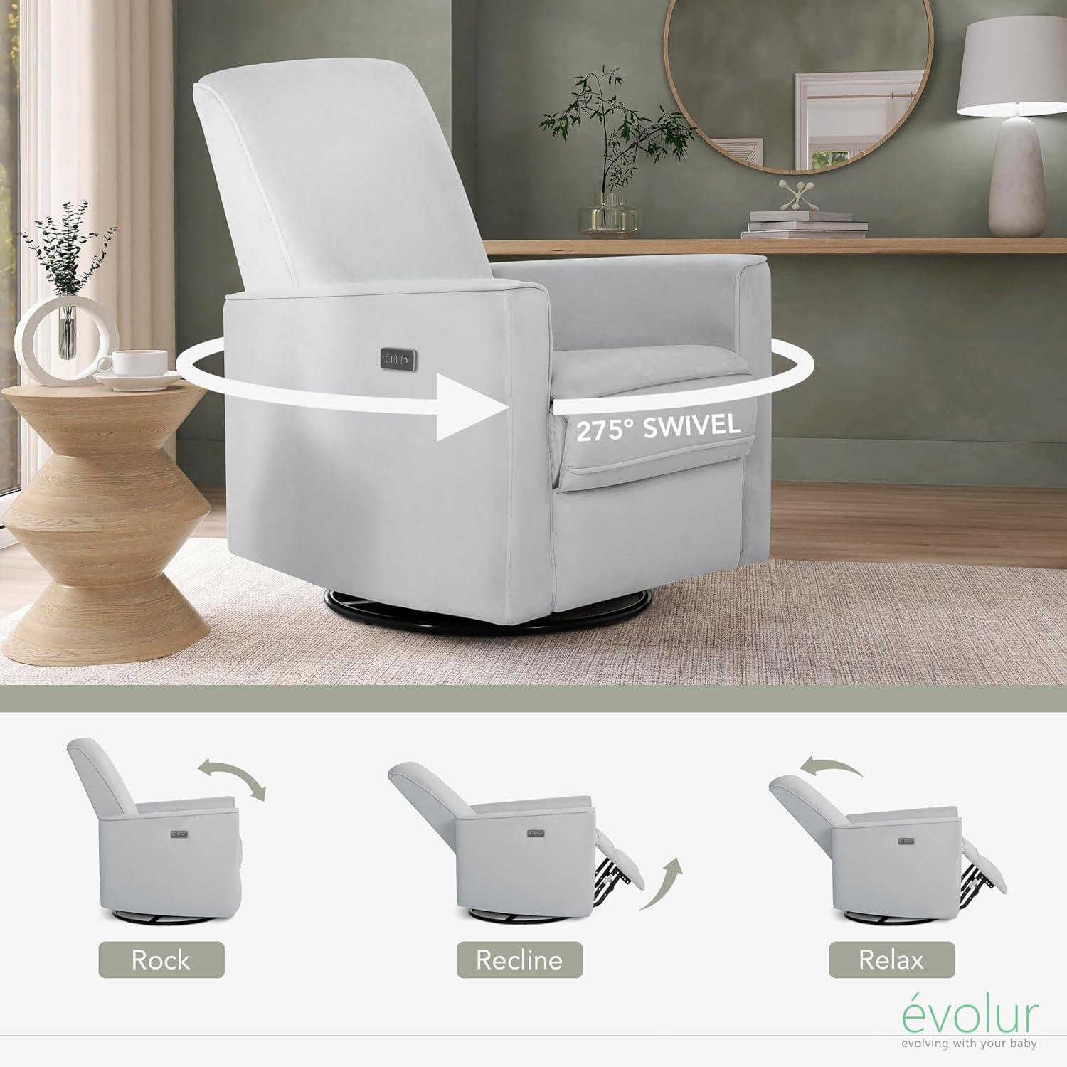 Evolur Harlow Deluxe Greenguard Gold Certified Upholstered Plush Seating Glider Swivel & Power Recliner, Grey