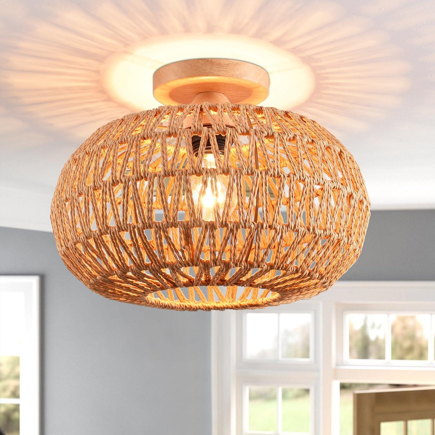 Bay Isle Home™ Bamboo Ceiling Light Fixtures, Hand-Woven Boho Flush Mount Ceiling Light, Handmade Ceiling Mount With Natural Bamboo Shade, Farmhouse Light Fixture