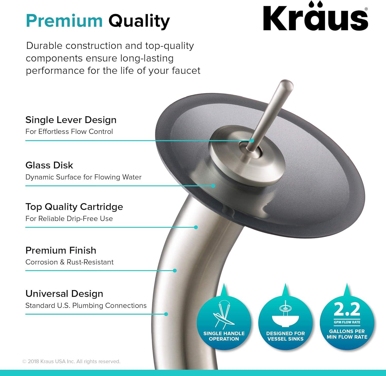 KRAUS Tall Waterfall Bathroom Faucet for Vessel Sink with Frosted Black Glass Disk, Satin Nickel Finish