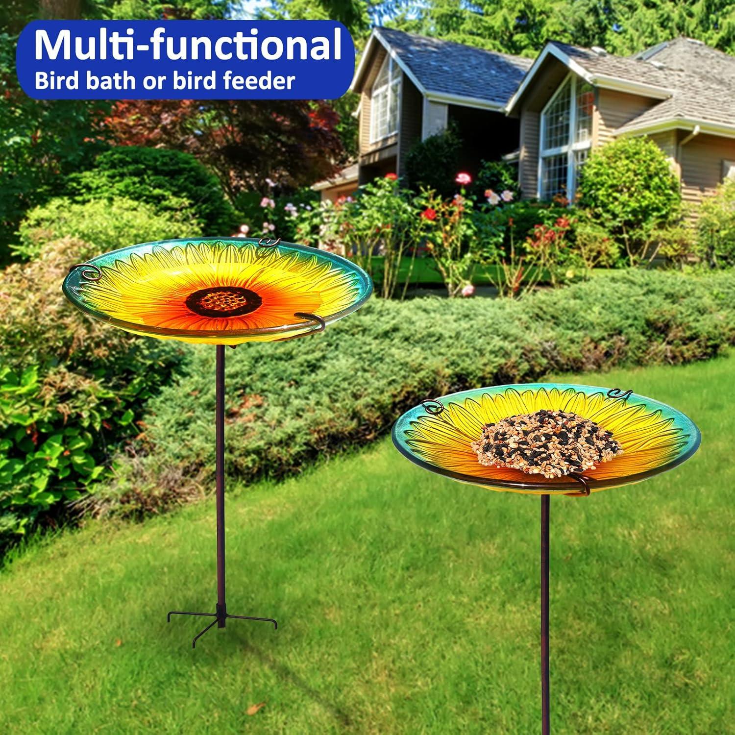 Evergreen Garden 2GB209 11 Inch Peacock Glass Bird Bath Bowl with Metal Stake