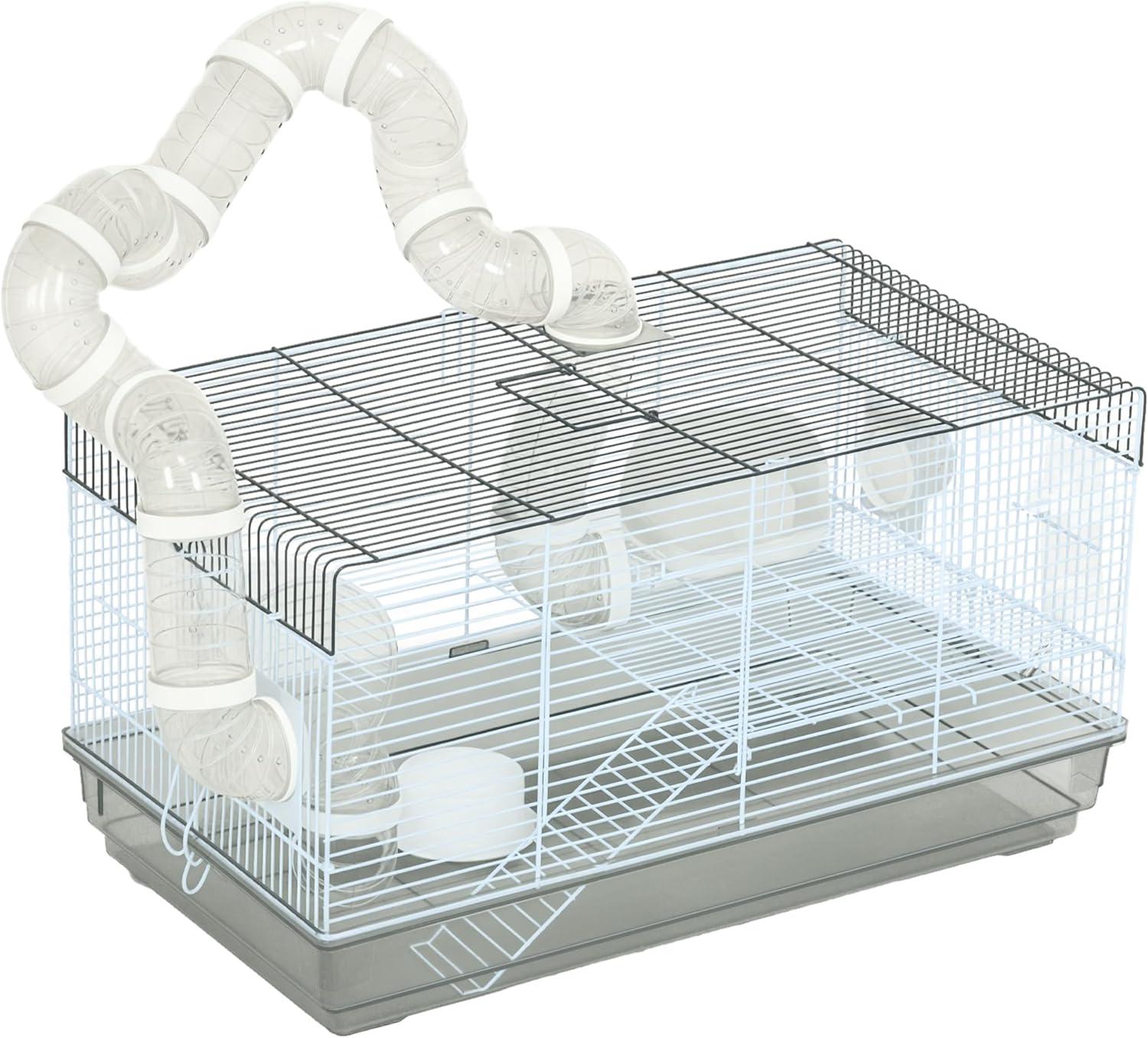 PawHut 2 Levels Hamster Cage for Gerbil or Dwarf Hamster with Tube Tunnels, Exercise Wheel, Food Dish, Water Bottle, Ramp, 23" x 13" x 12", Gray