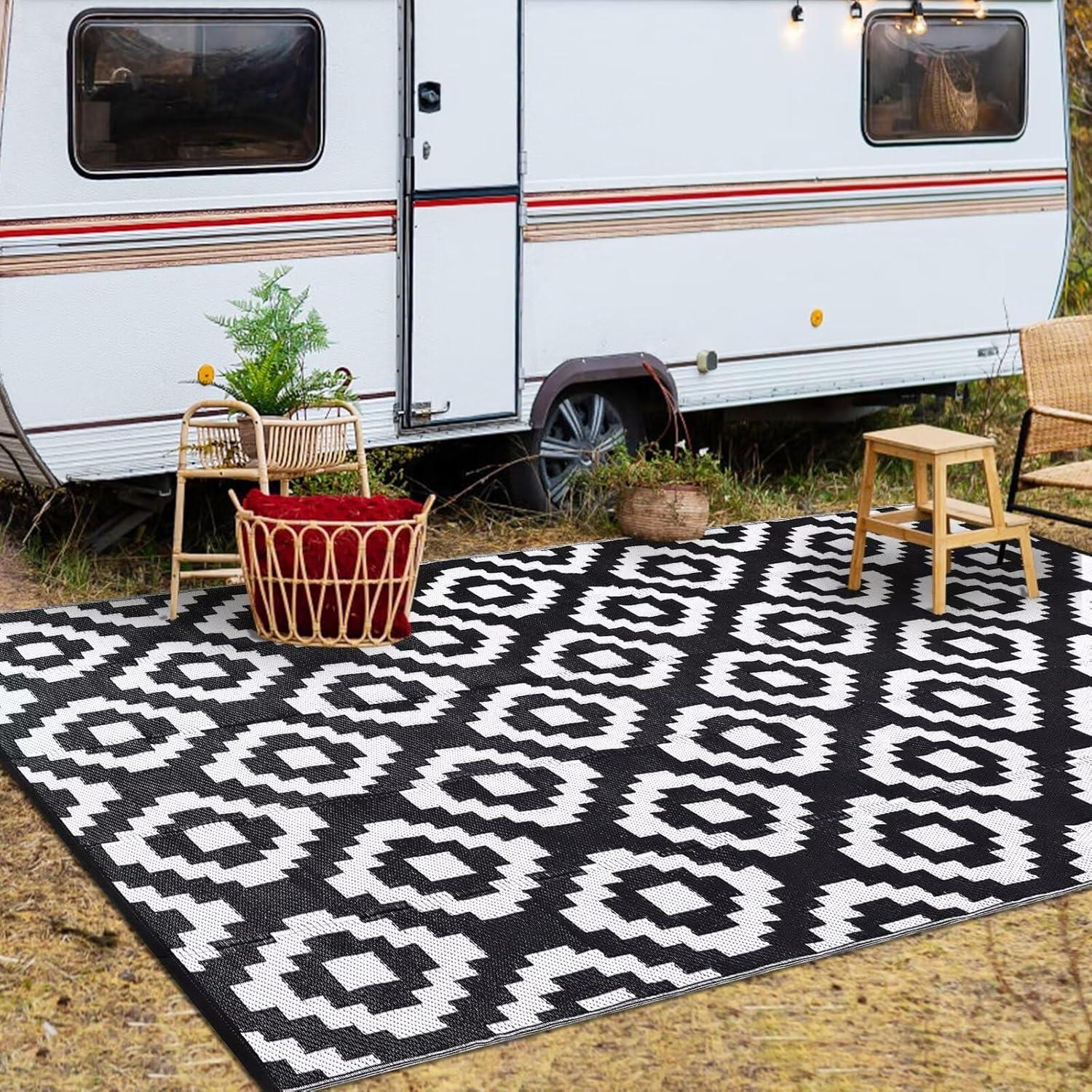 Garvee Waterproof Outdoor Rug 9'x12' Reversible Plastic Patio Rugs, Portable Modern Abstract Indoor Outdoor Carpet for Camping, Balcony, Deck, Backyard, Black & White, with Storage Bag