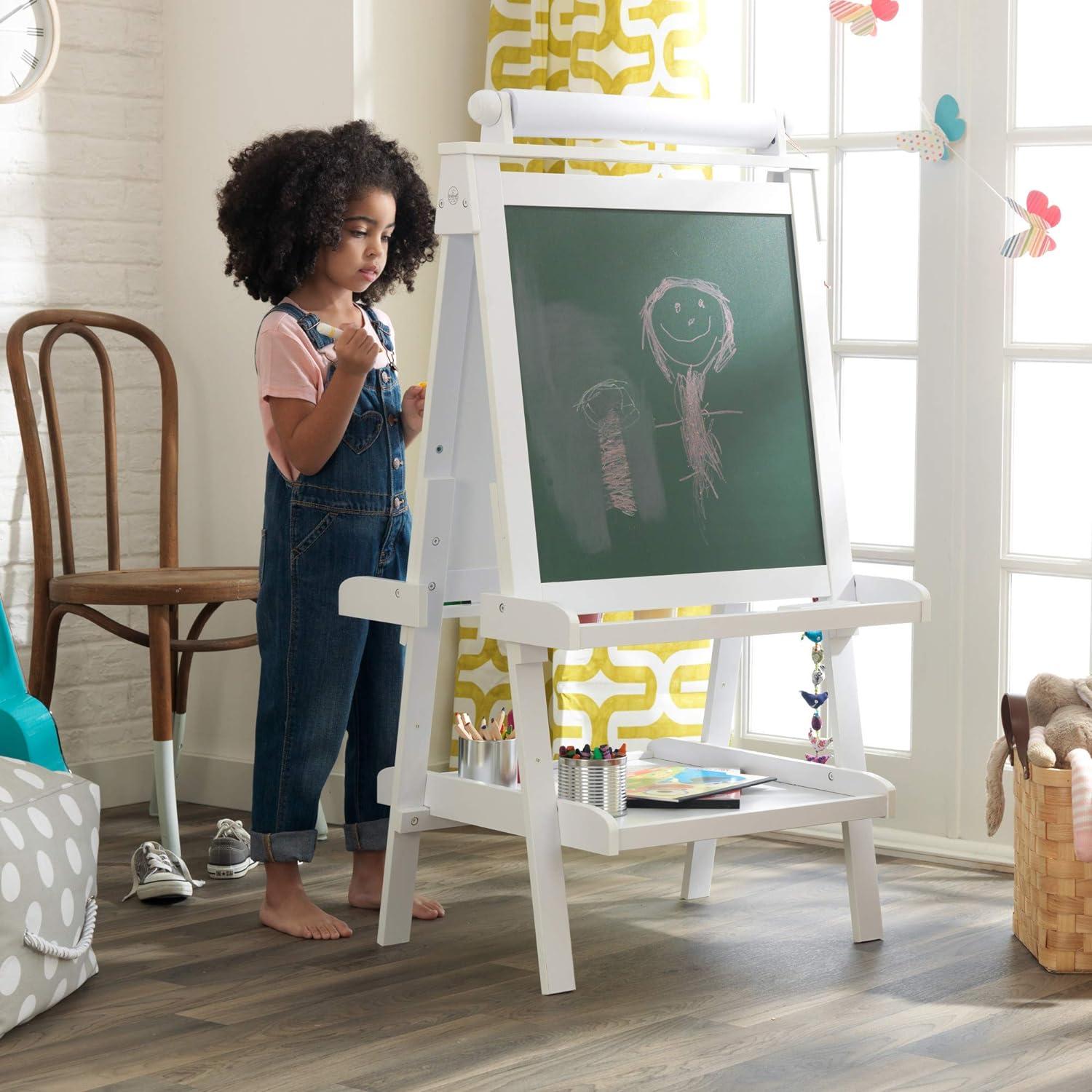 Deluxe Wooden Easel with Chalkboard and Dry Erase Surfaces, Paper Roll and Paint Cups