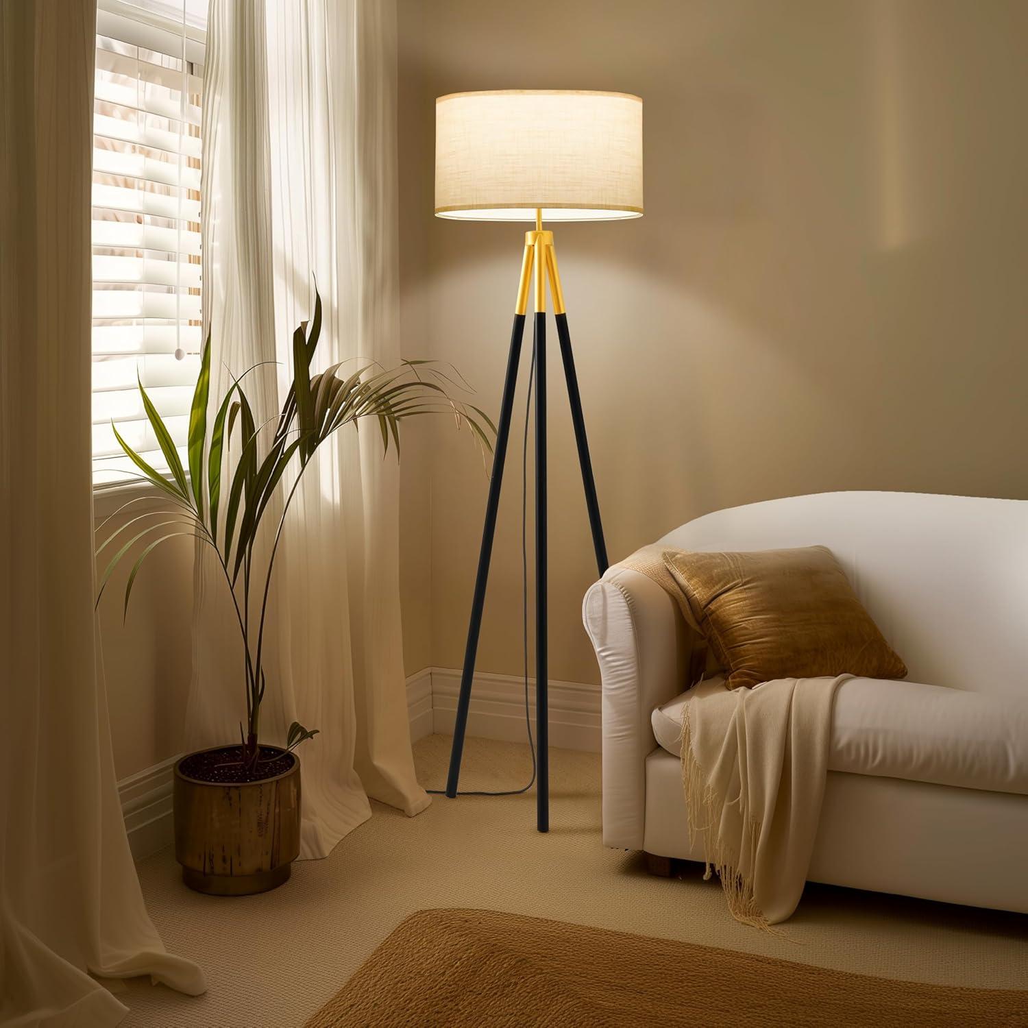 Brightech Levi 61 in. Mid Century Modern Tripod Floor Lamp with Fabric Drum Shade and Gold Finish - LED Bulb Included