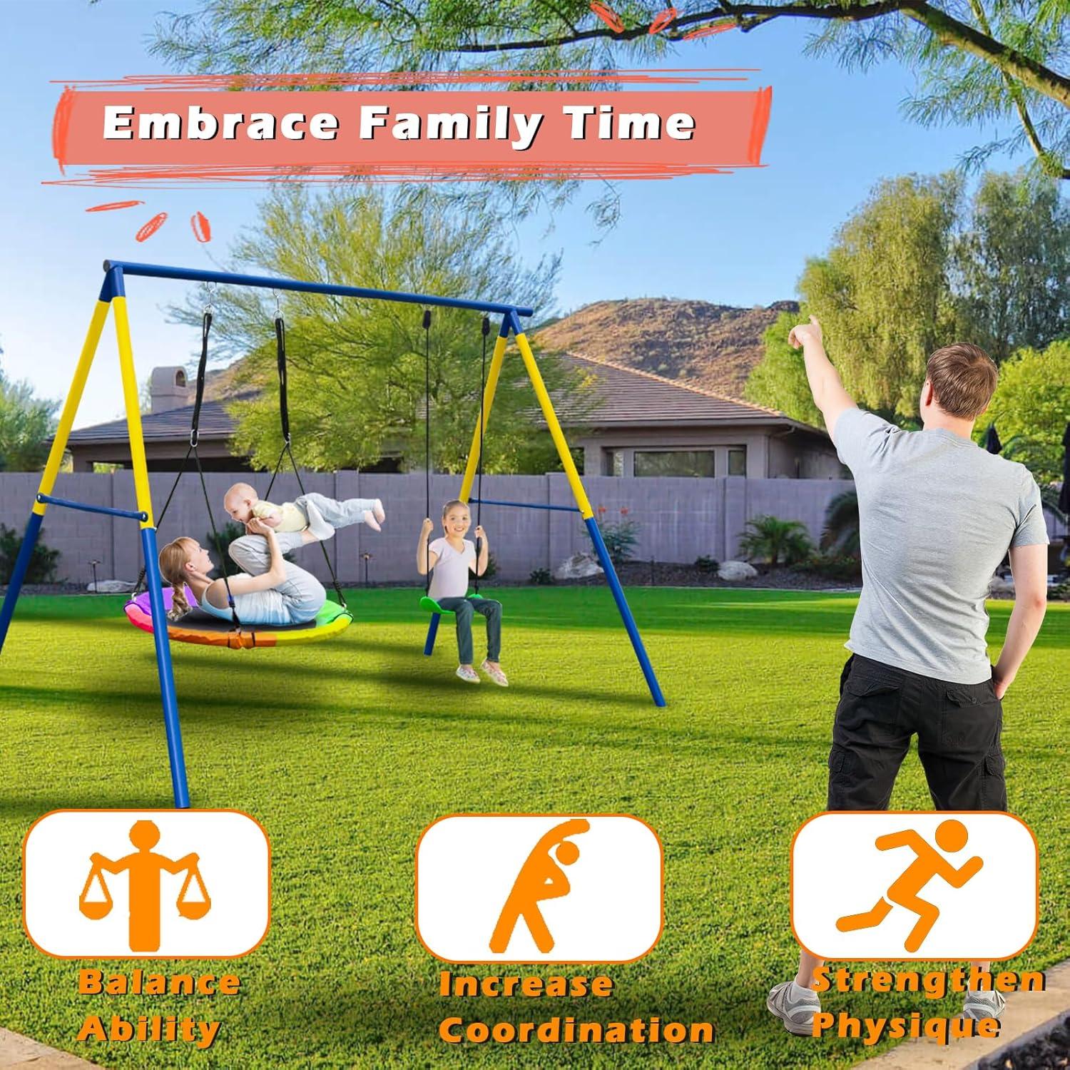 Metal Swing Sets for Backyard - 440 lbs Heavy Duty Swing Stand A-Frame Kids Outdoor Swing Adjustable Ropes Saucer Swing with Frame 2 Seats Playground Sets