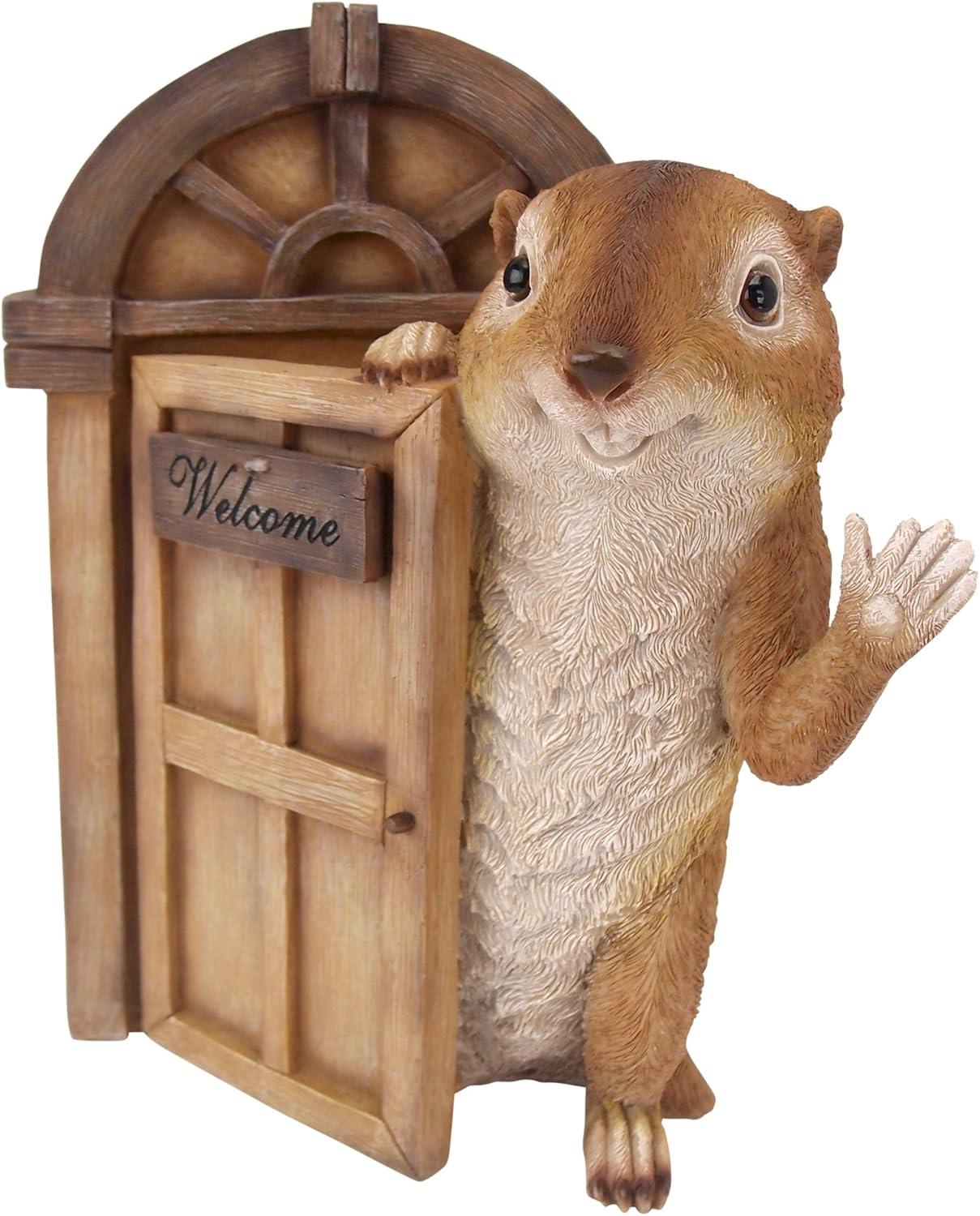 Hand-Painted Brown Resin Squirrel Welcome Door Sculpture