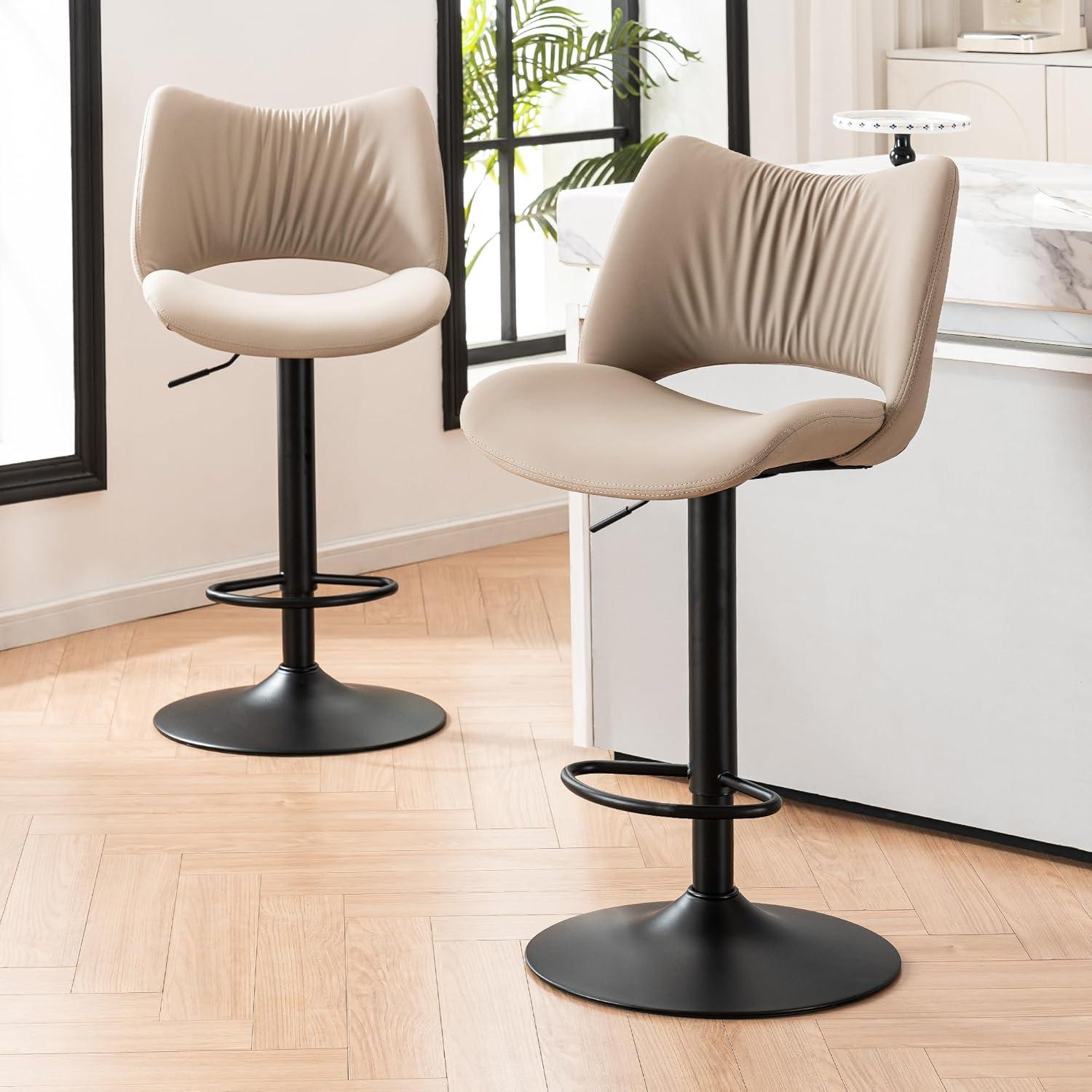 Khaki Adjustable Swivel Faux Leather Bar Stools with Metal Base