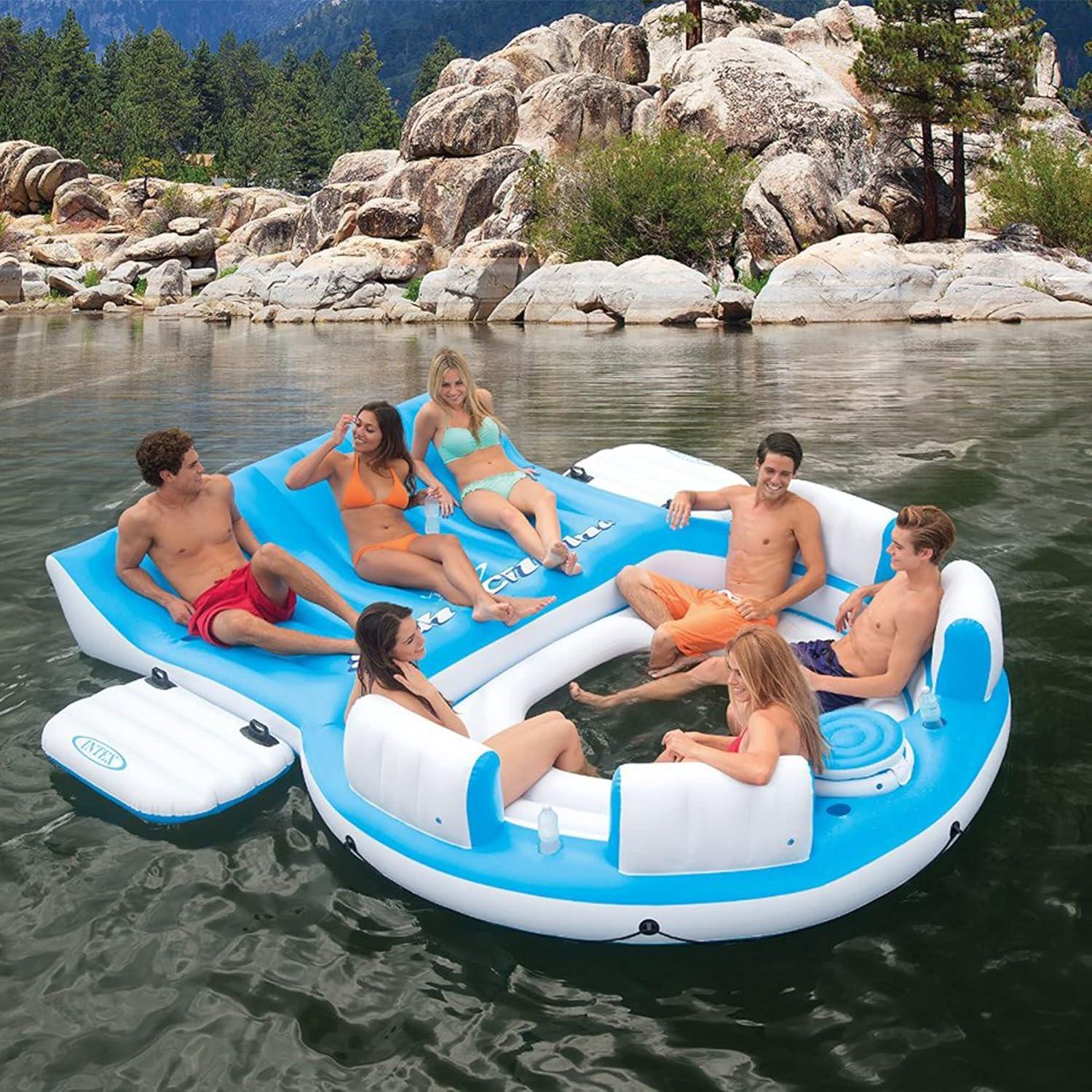 Blue and White 7-Person Inflatable Floating Island with Backrest