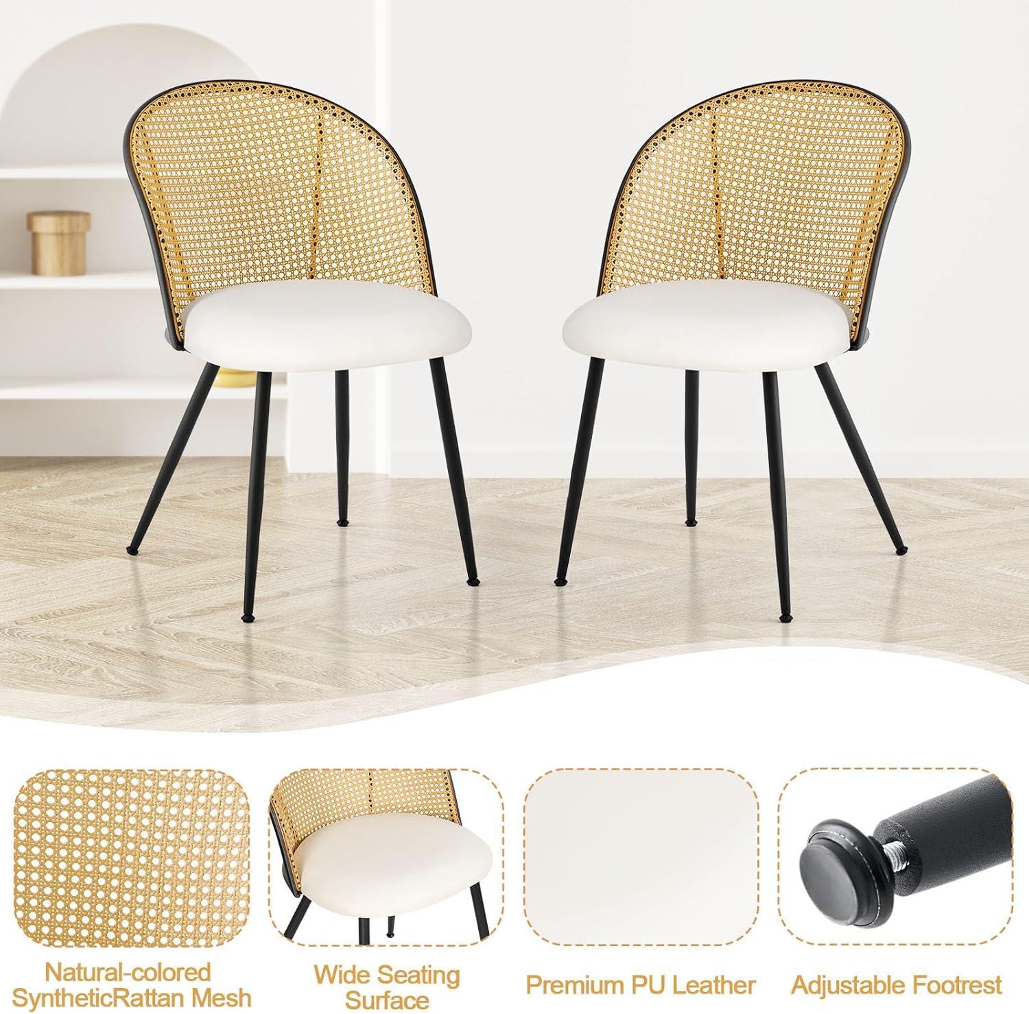 Lucky Monet Modern Upholstered Rattan Dining Chairs Set of 2/4 Set of 2 - PU-White-Natural Back